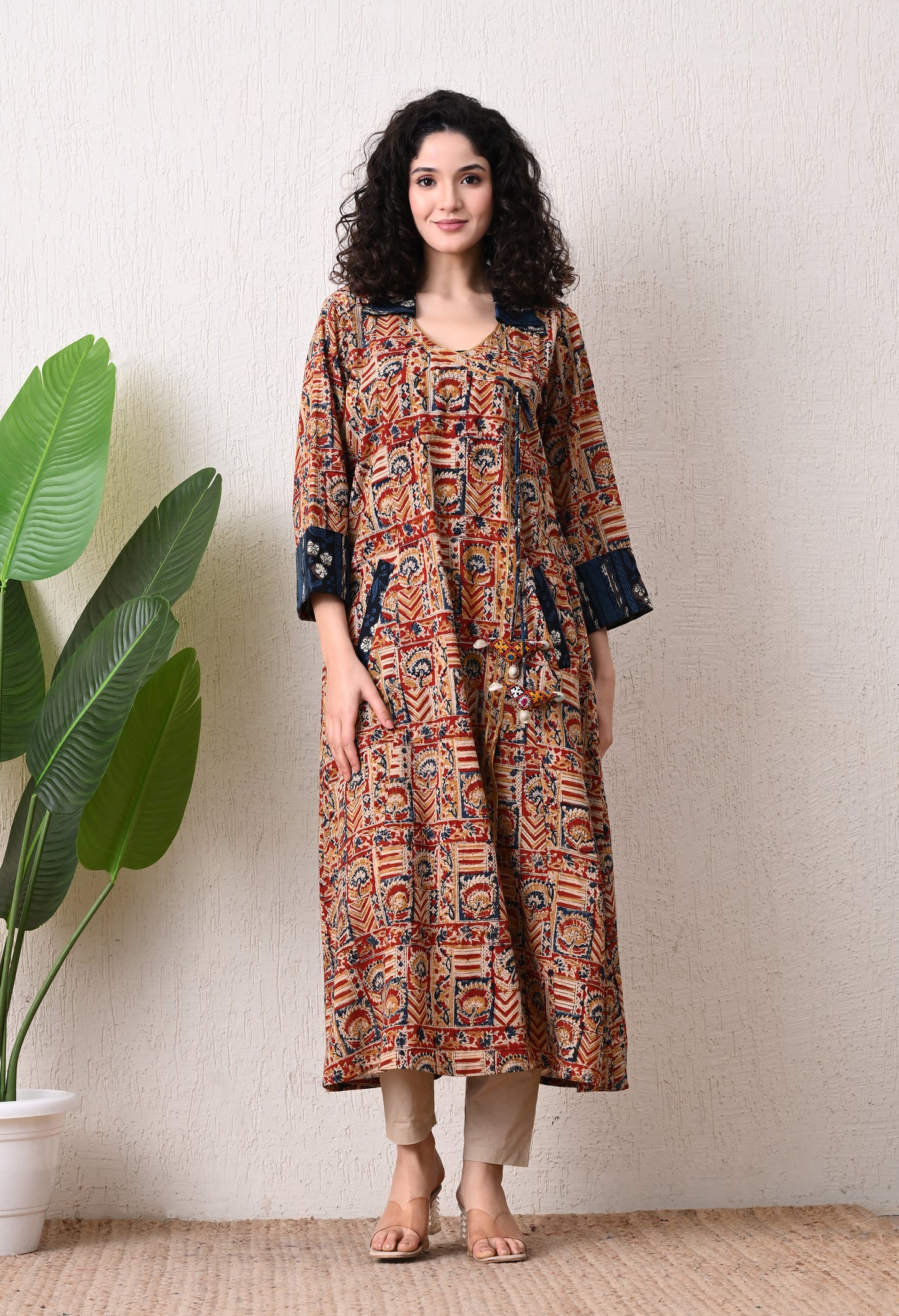 Blue and Maroon Kalamkari Hand Block A -Line Cotton Kurta