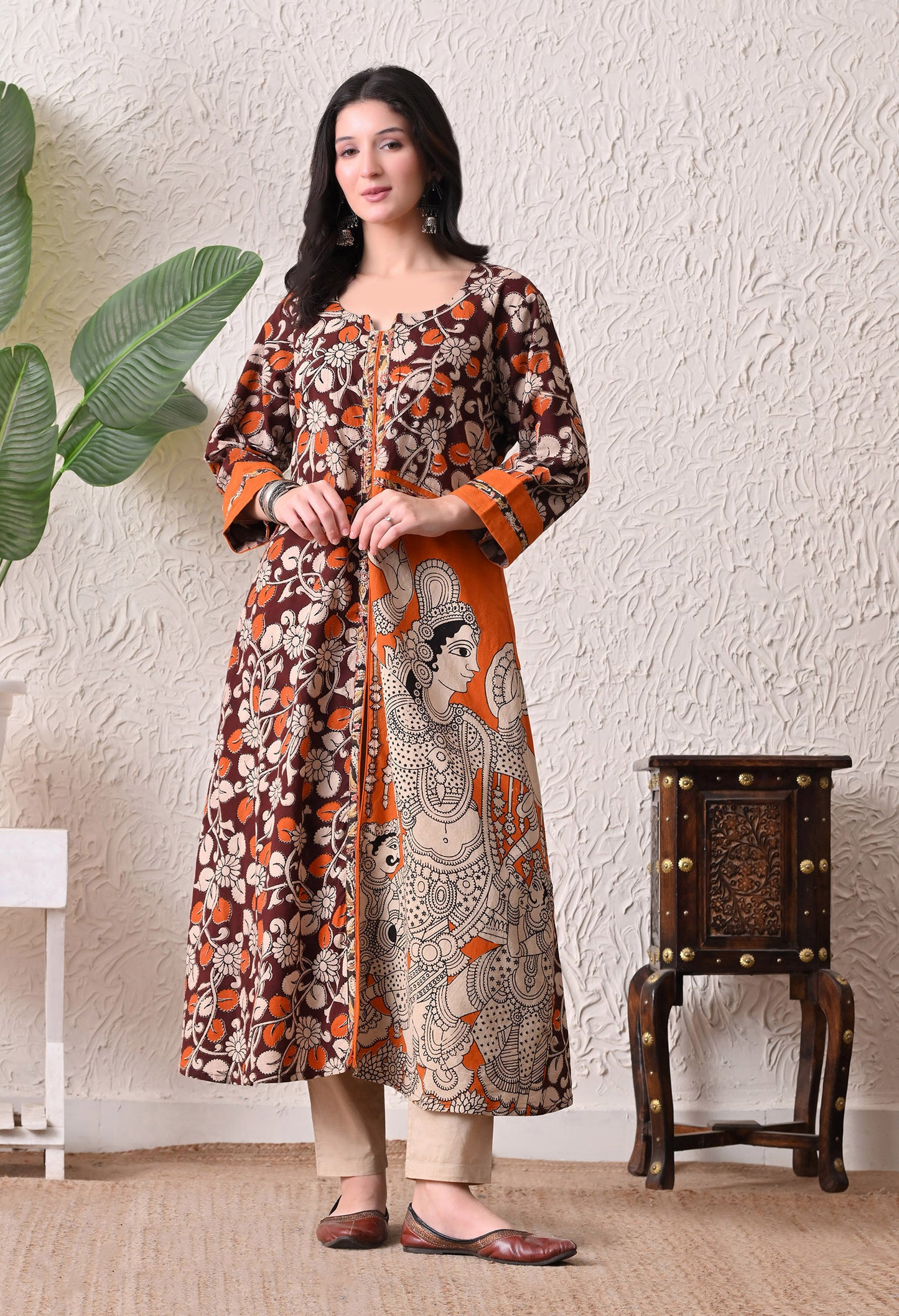 Coffee and Orange Kalamkari Cotton Kurta