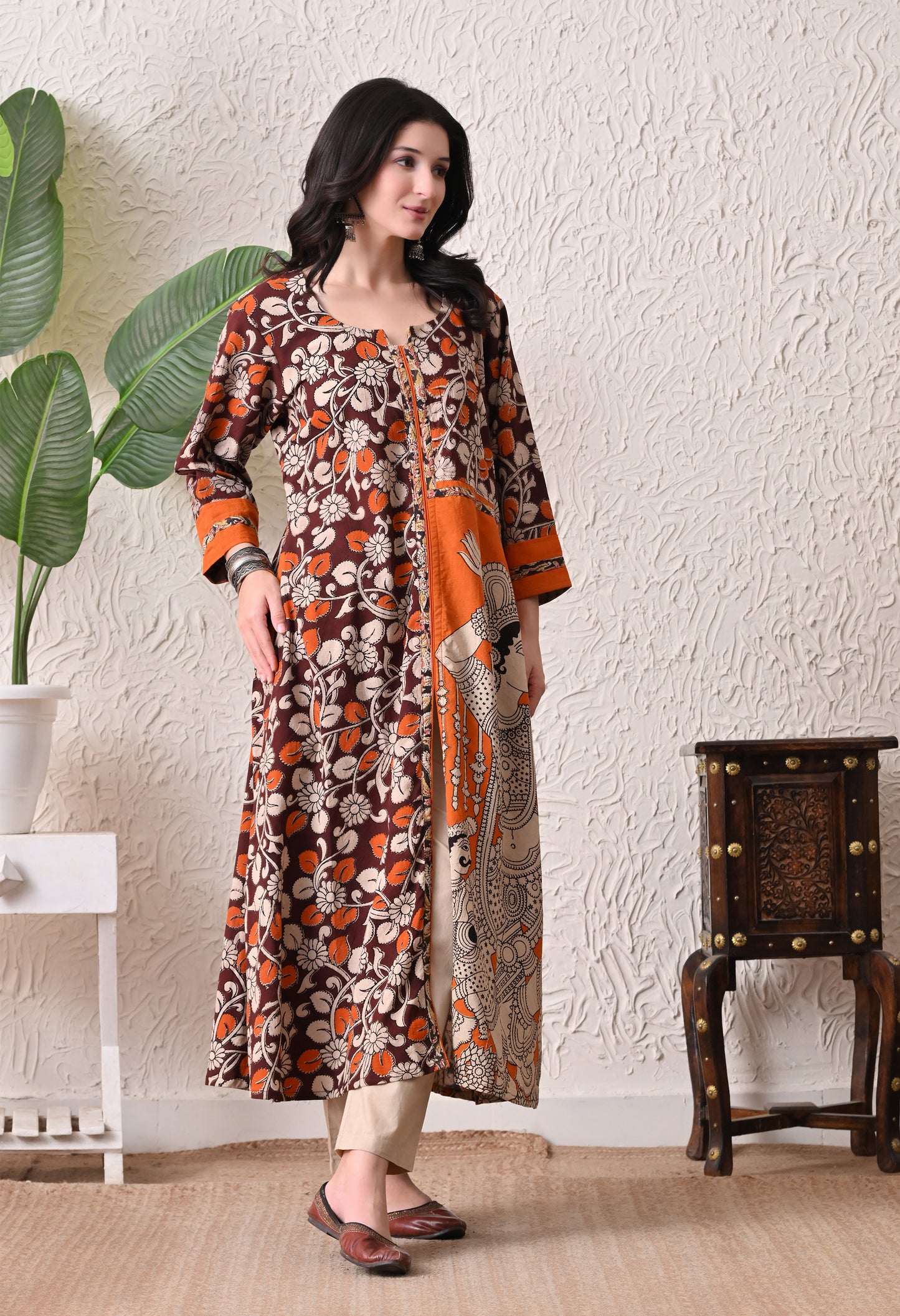 Coffee and Orange Kalamkari Cotton Kurta