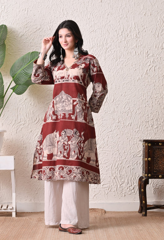 Maroon Kalamkari Cotton Kurta