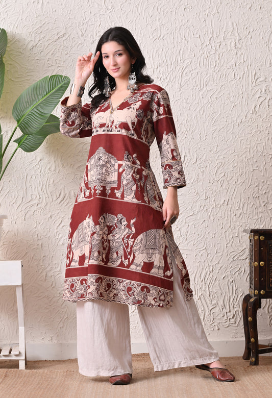 Maroon Kalamkari Cotton Kurta
