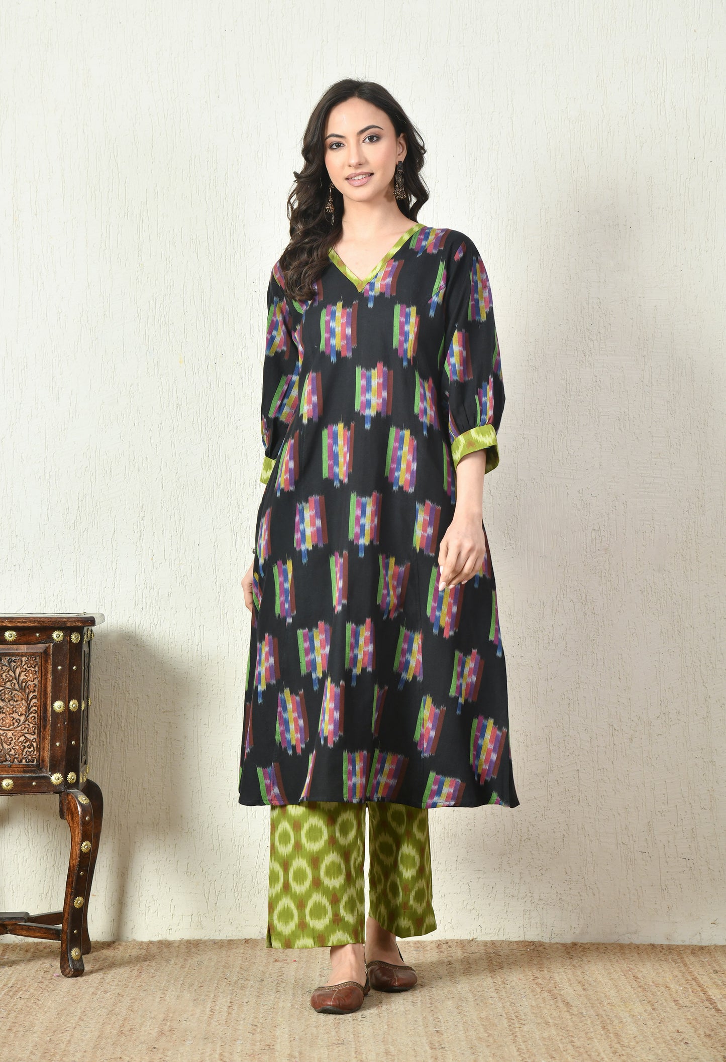 Black and green handwoven ikkat kurta set