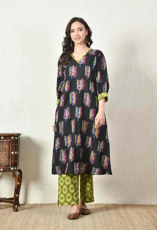 Black and green handwoven ikkat kurta set