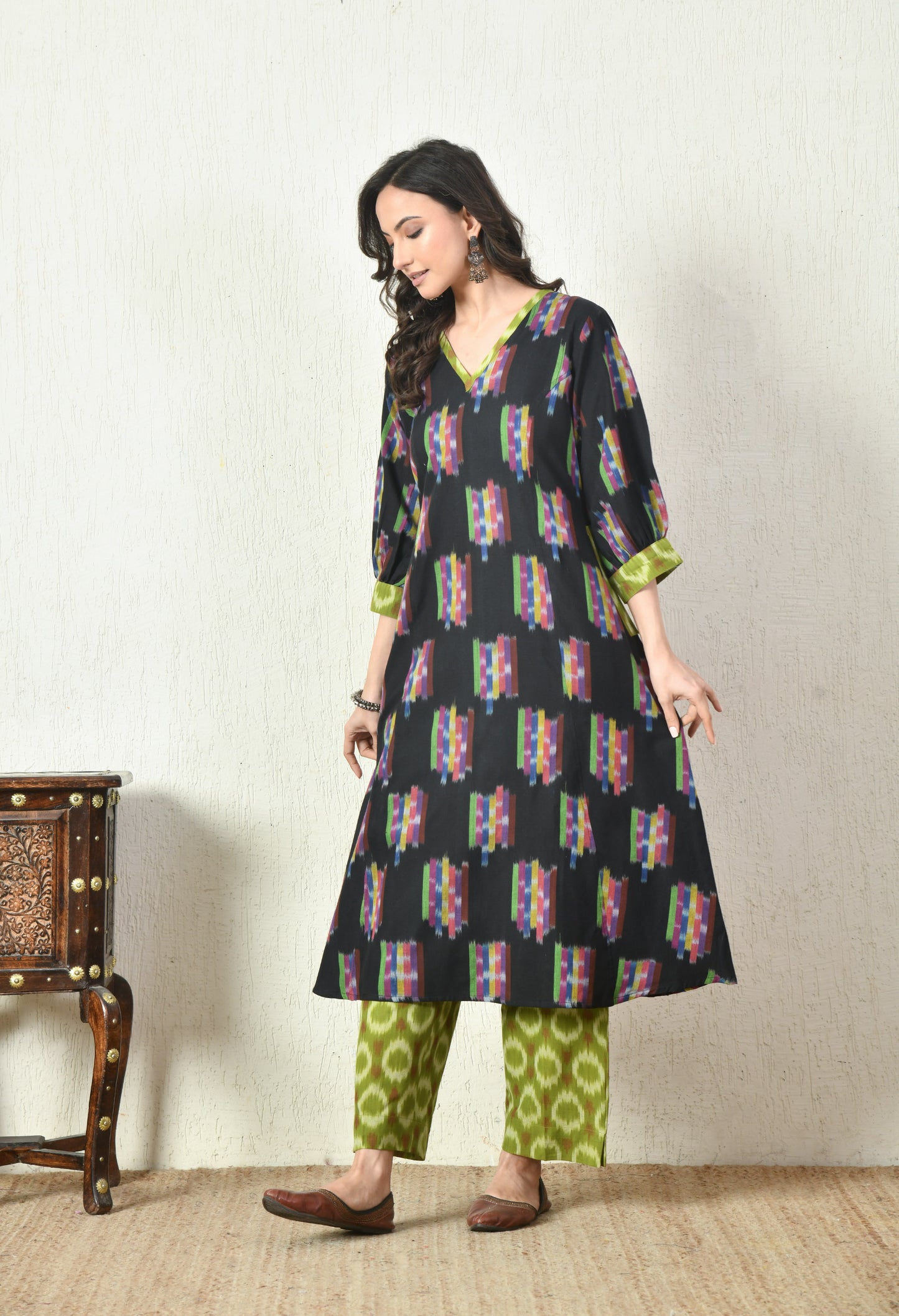 Black and green handwoven ikkat kurta set