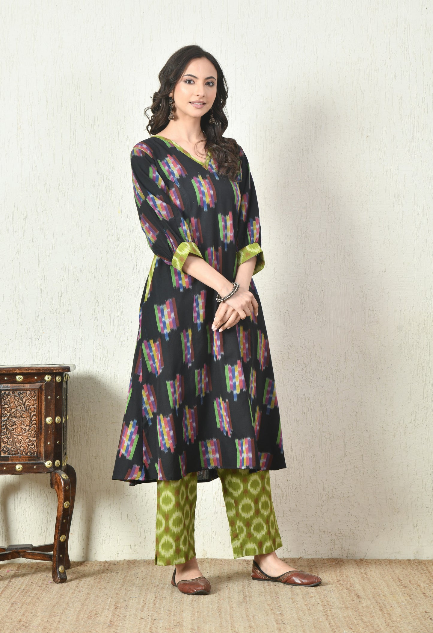 Black and green handwoven ikkat kurta set