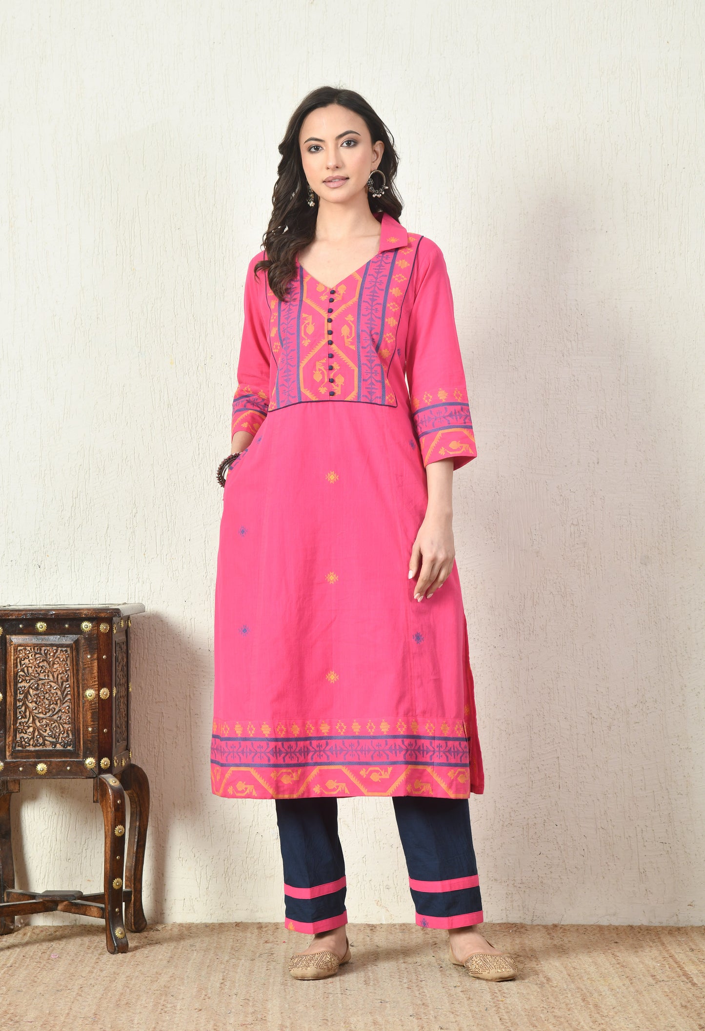 Pink Jamdhani Cotton Kurta