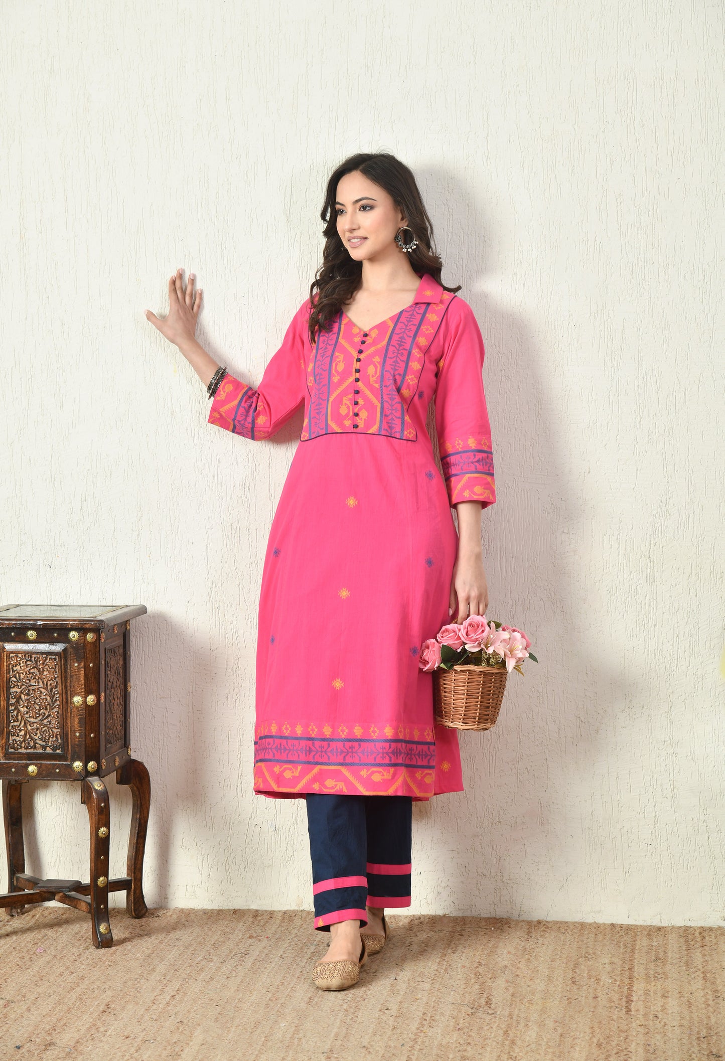Pink Jamdhani Cotton Kurta