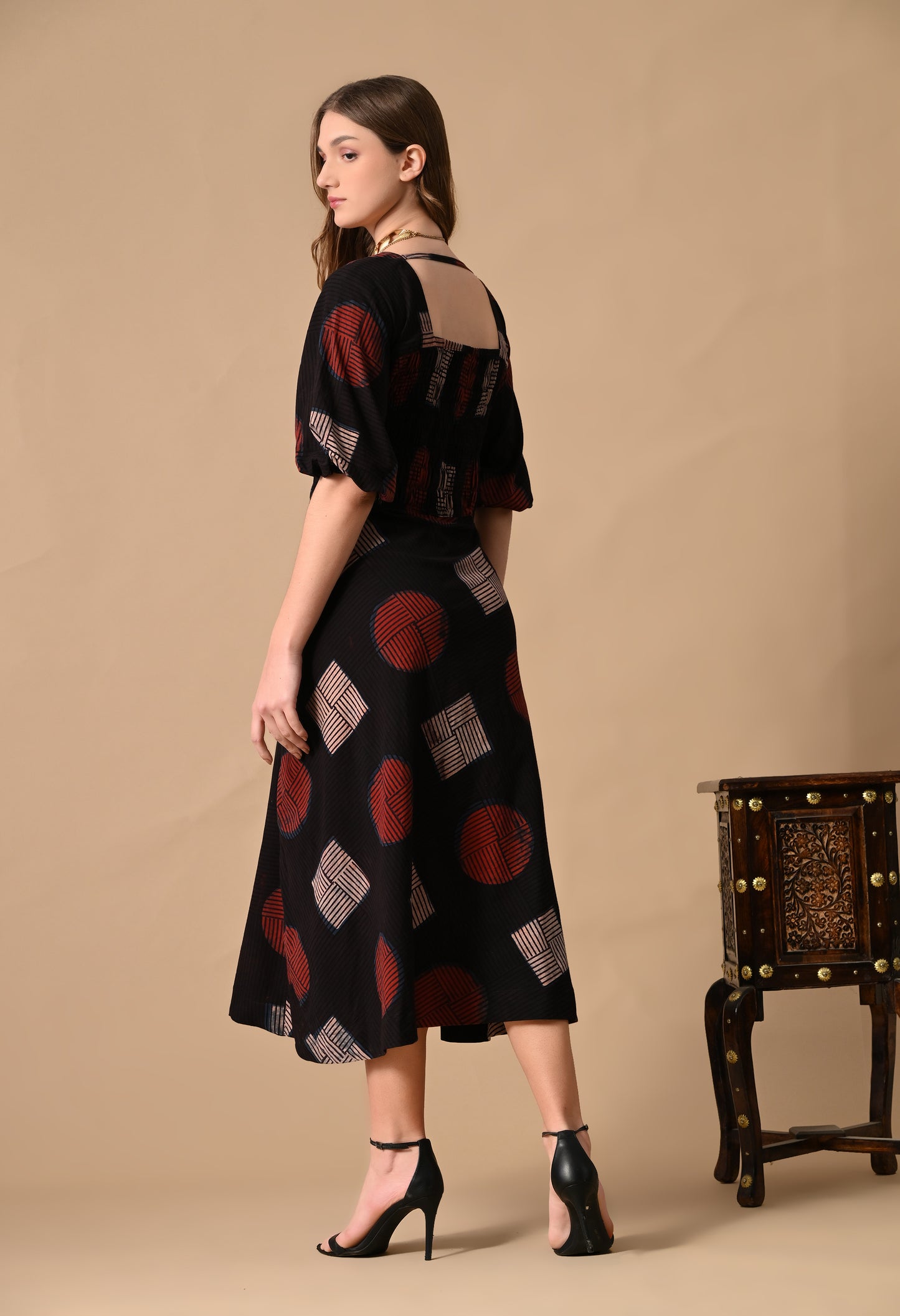 Black and Red Ajrakh Handblock Printed Cotton Dress