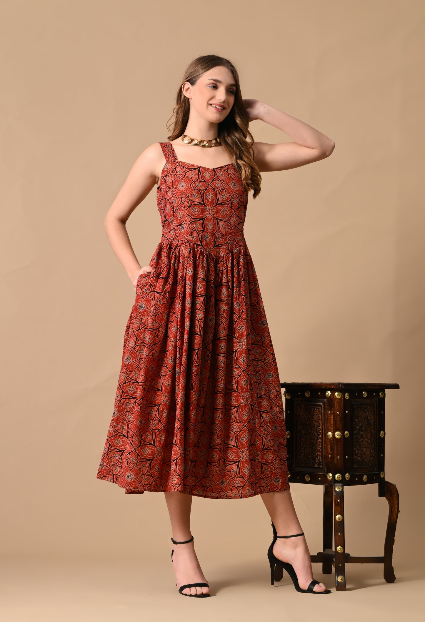 Maroon Sleeveless Ajrakh Hand block Printed Cotton Dress