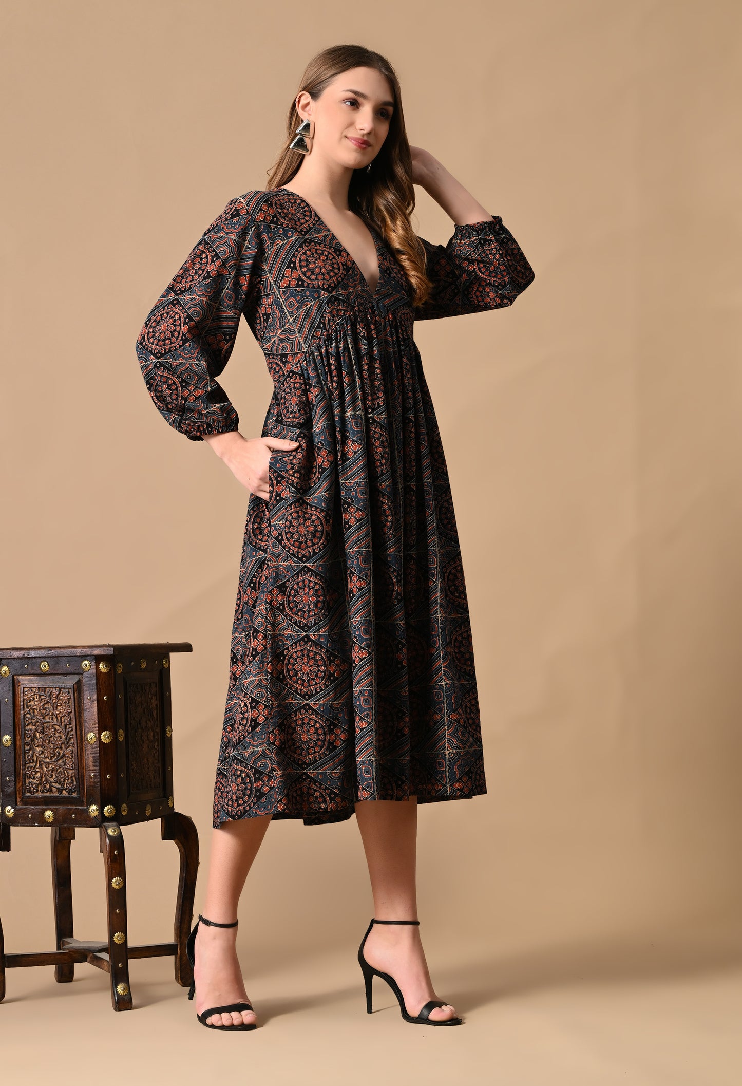 Blue Ajrakh Hand block Printed Dress