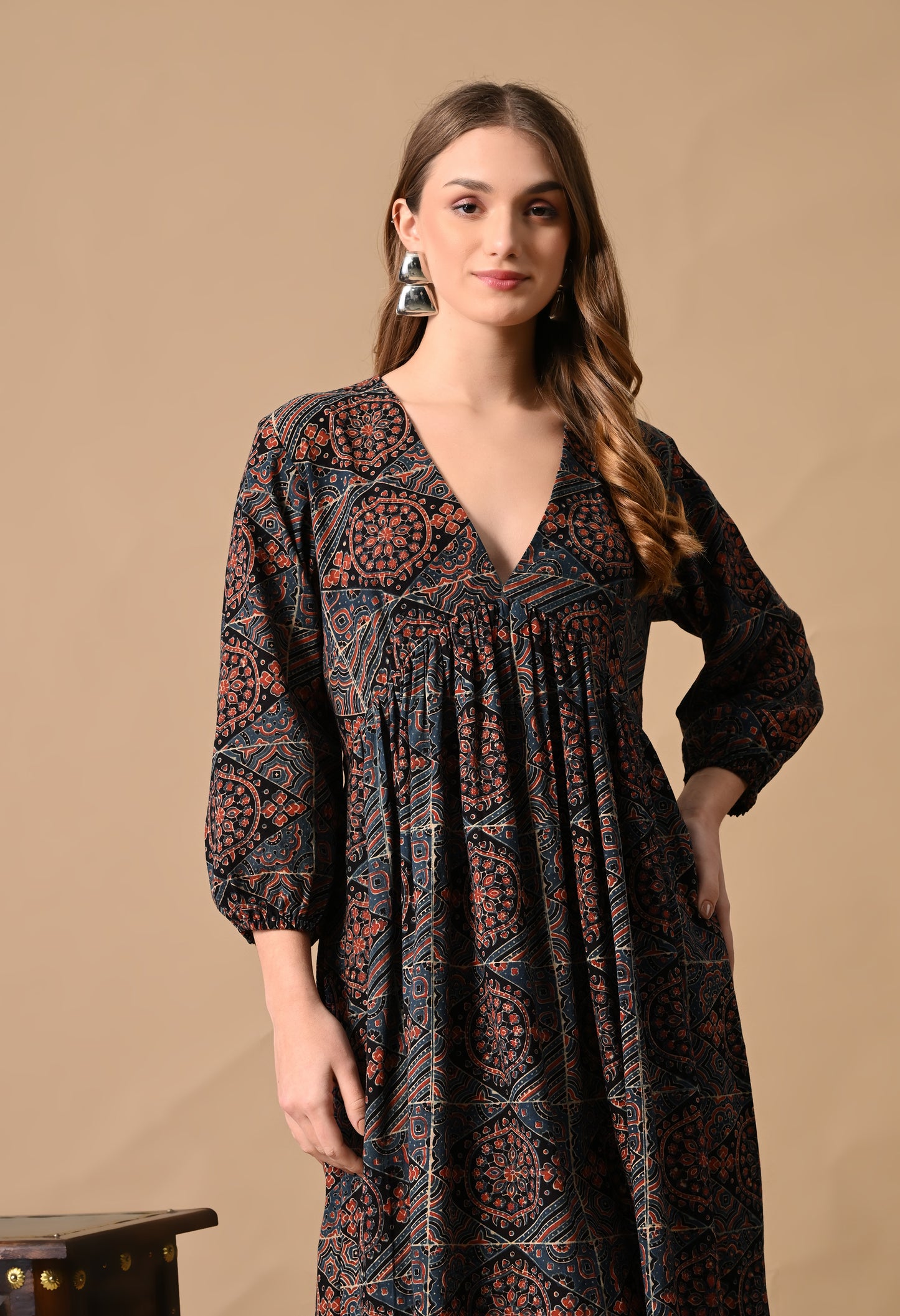 Blue Ajrakh Hand block Printed Dress