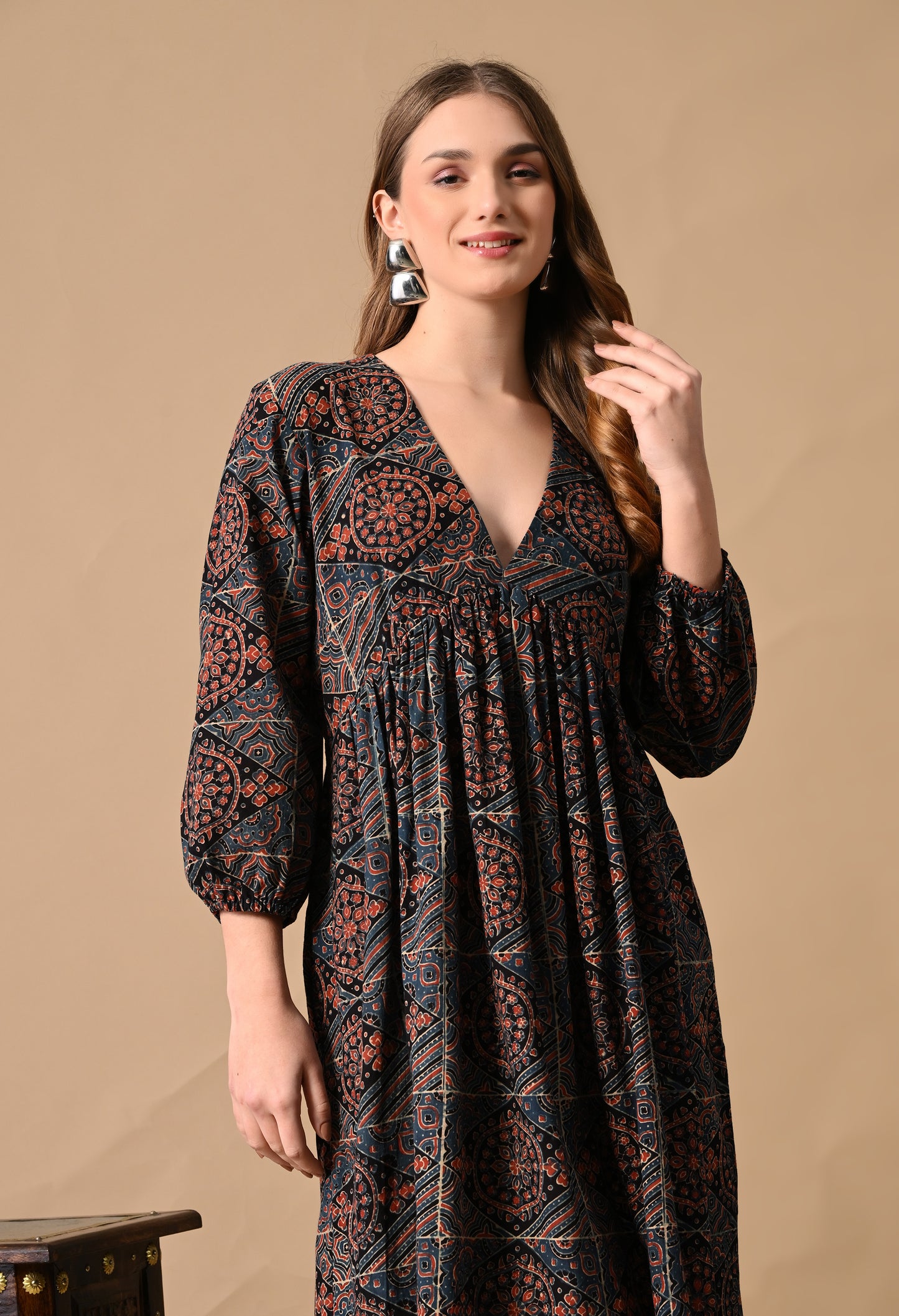 Blue Ajrakh Hand block Printed Dress