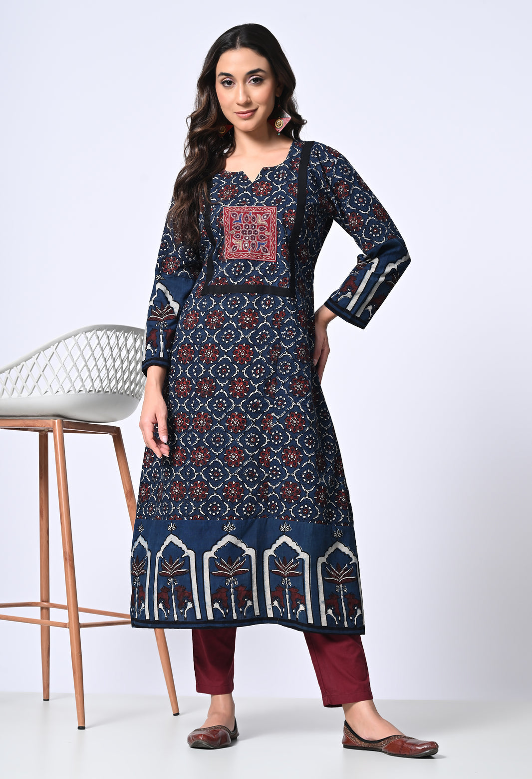 Neela Ajrakh Hand Block Printed Chudi Sleeves Kurta