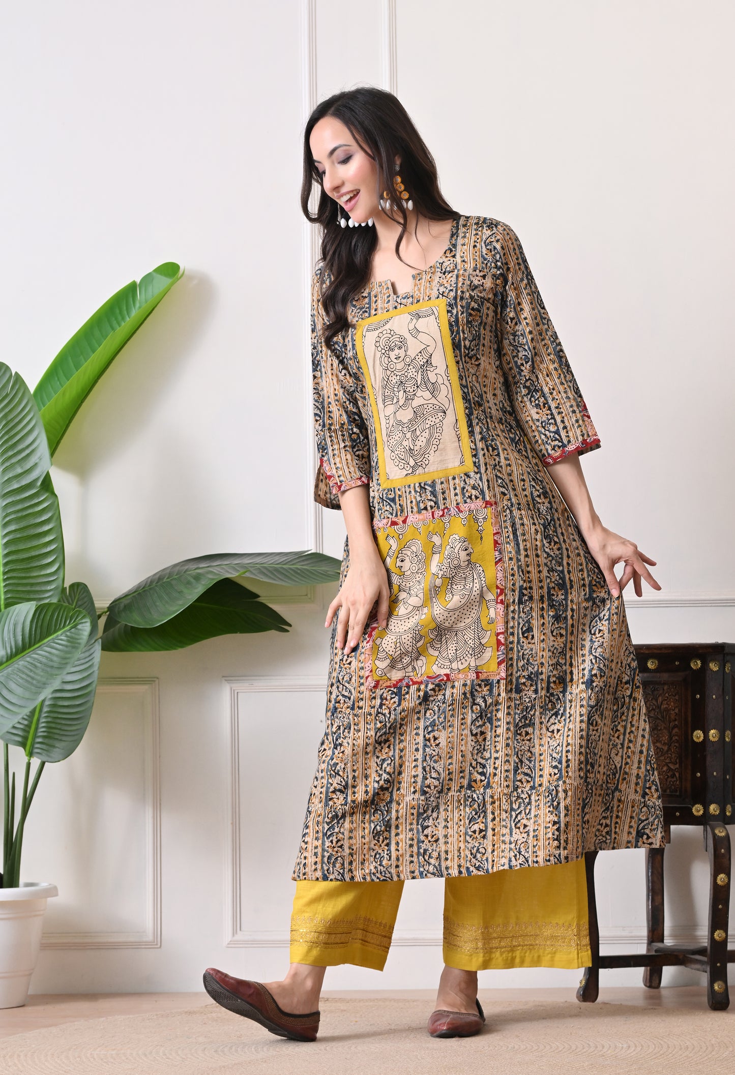 Grey and Yellow Kalamkari Cotton Kurta