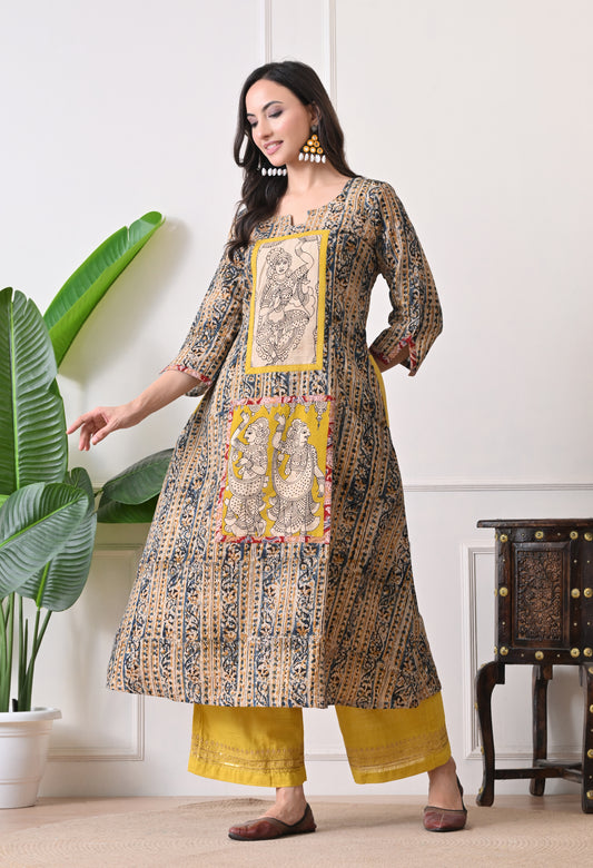 Grey and Yellow Kalamkari Cotton Kurta