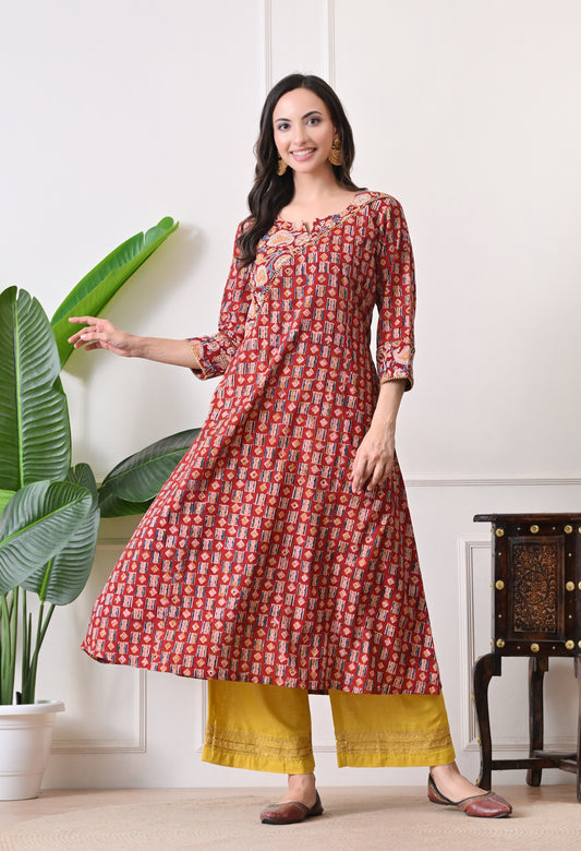 Maroon Kalamkari Handblock Cotton Kurta