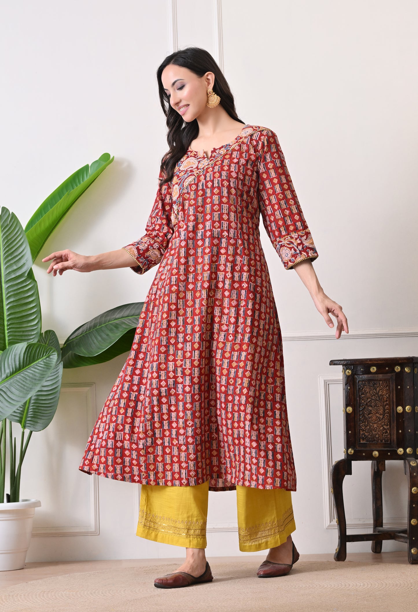 Maroon Kalamkari Handblock Cotton Kurta