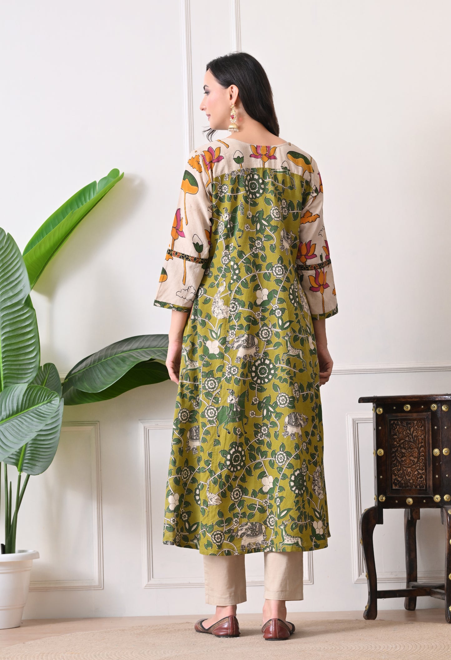 Green and White kalamkari Cotton Kurta