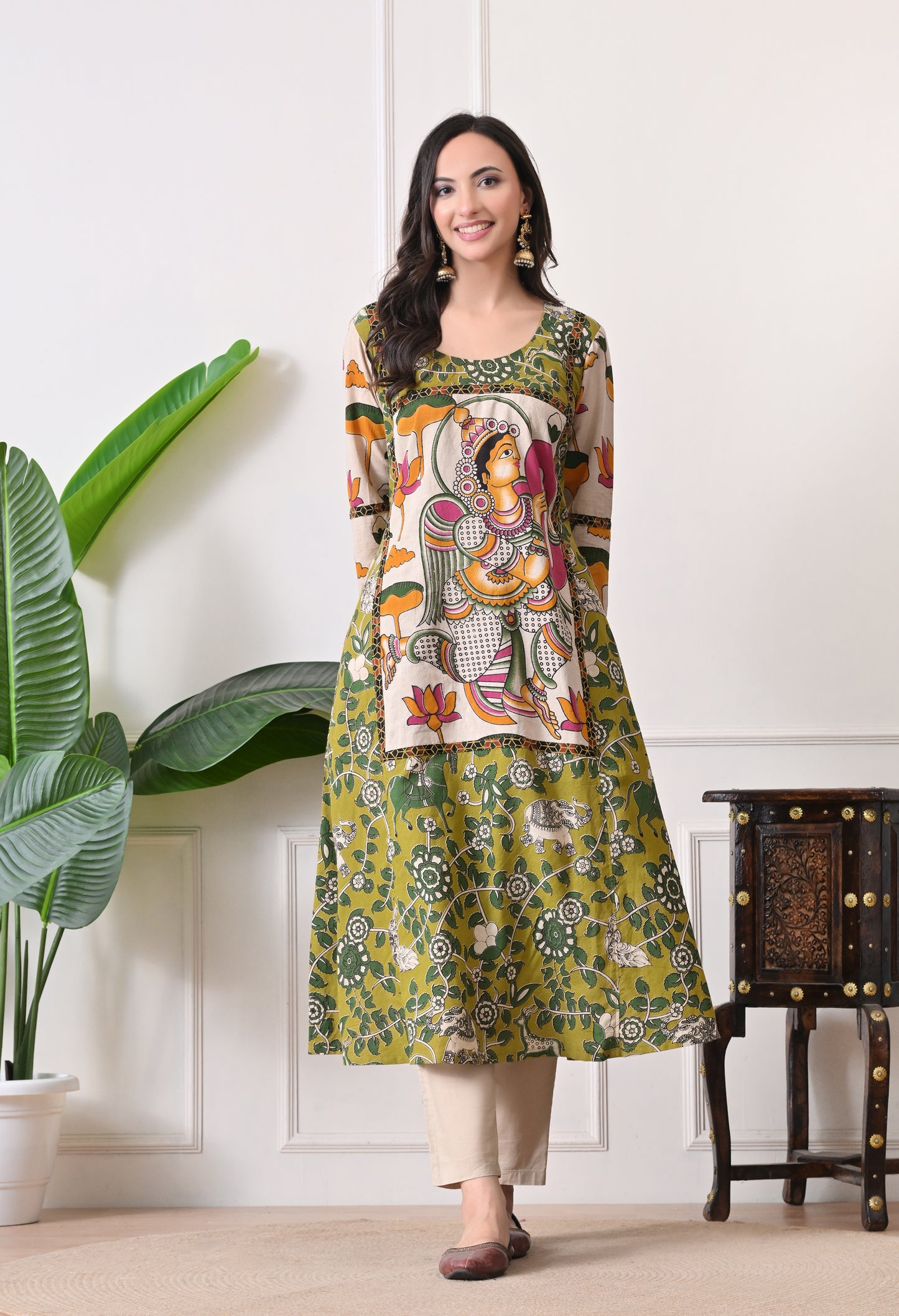 Green and White kalamkari Cotton Kurta
