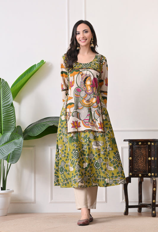 Green and White kalamkari Cotton Kurta