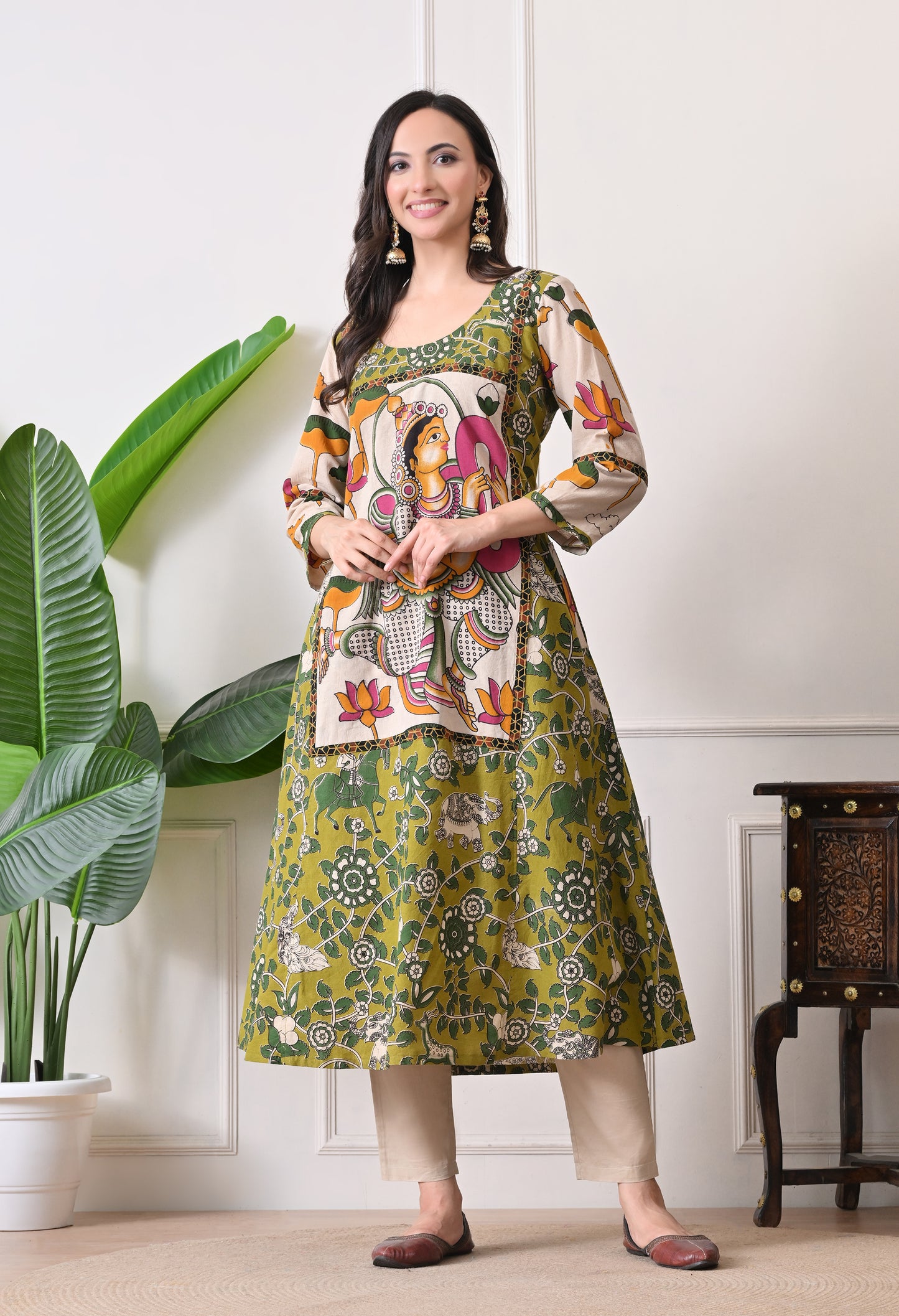 Green and White kalamkari Cotton Kurta