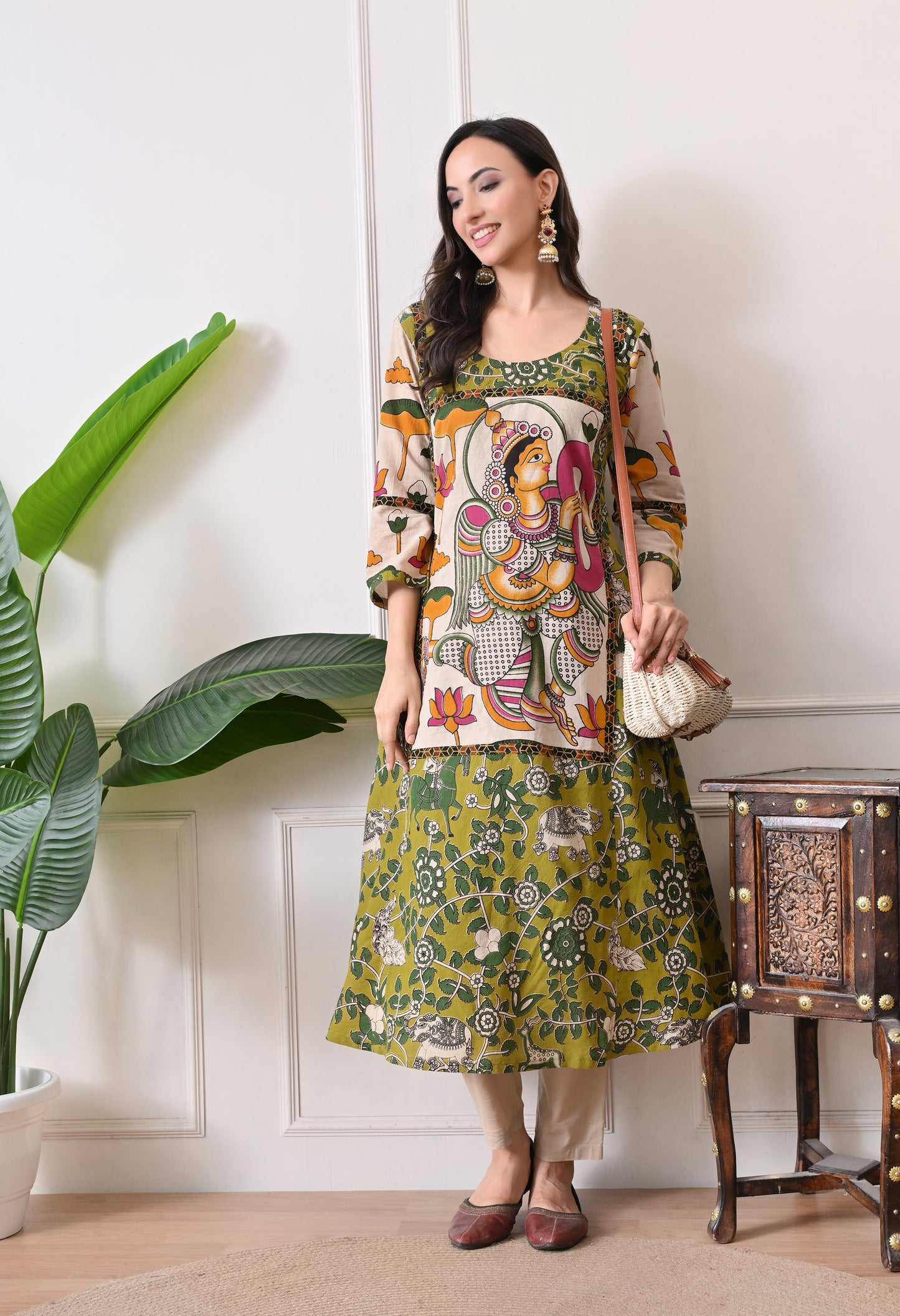 Green and White kalamkari Cotton Kurta