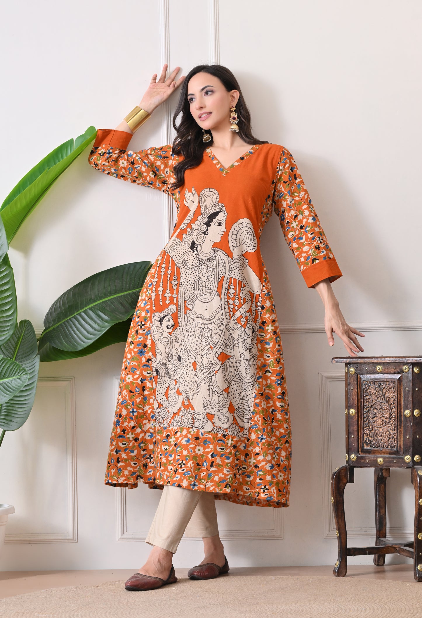 Orange Kalamkari Cotton Kurta