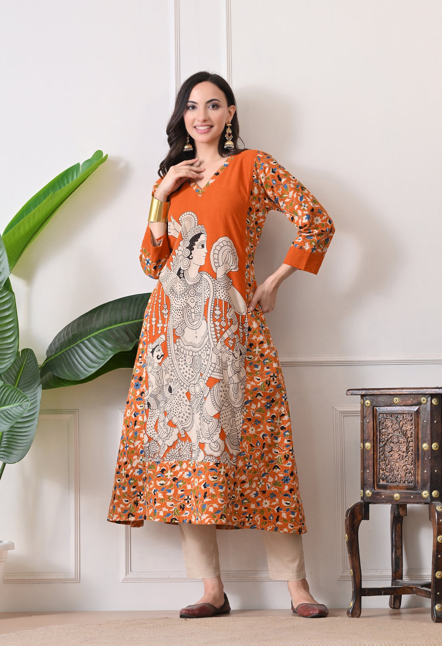 Orange Kalamkari Cotton Kurta