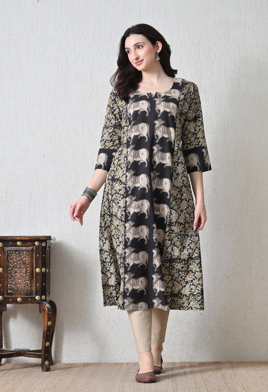 Black Kalamkari Hand block Printed A-line Cotton Kurta