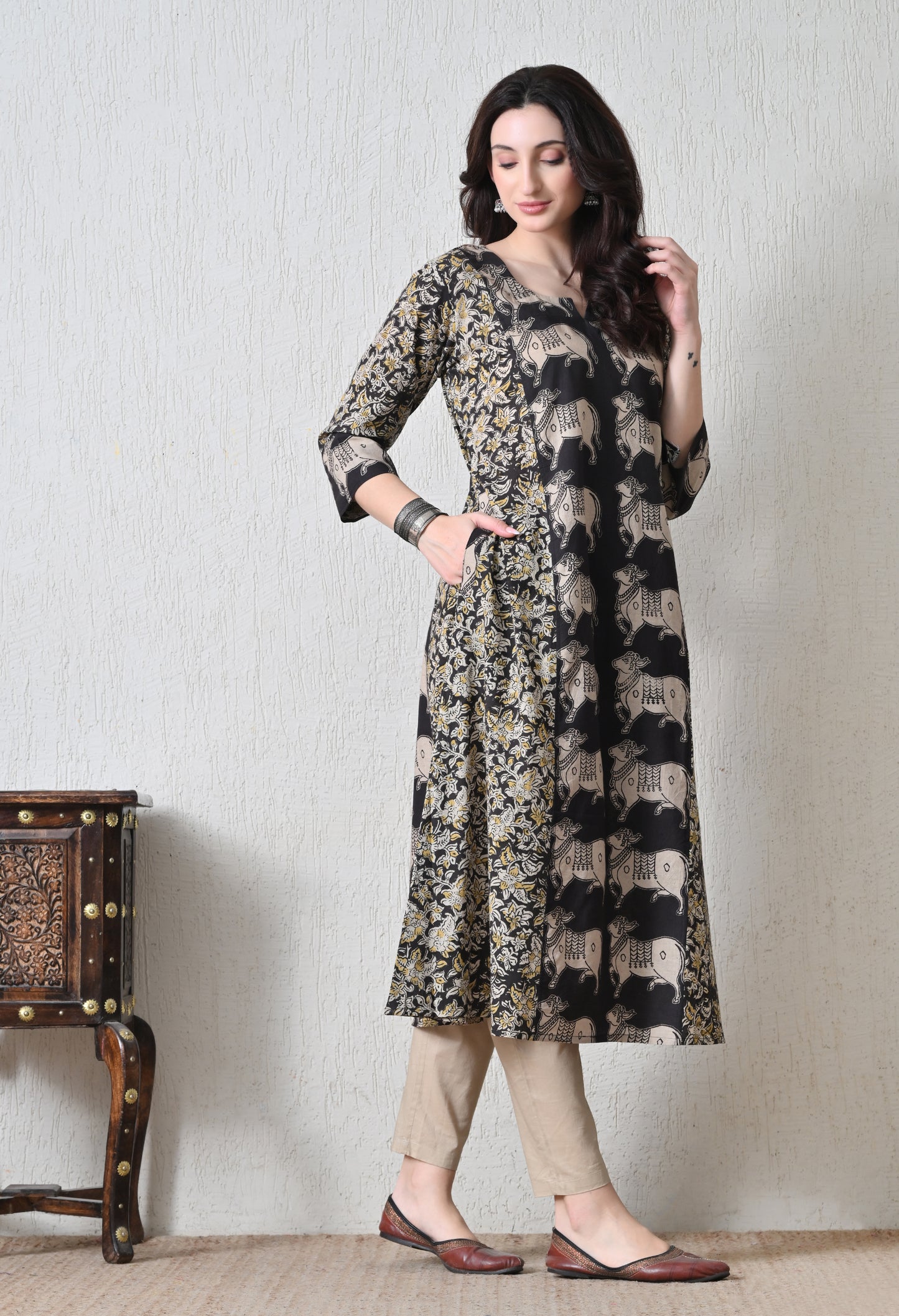 Black Kalamkari Hand block Printed A-line Cotton Kurta