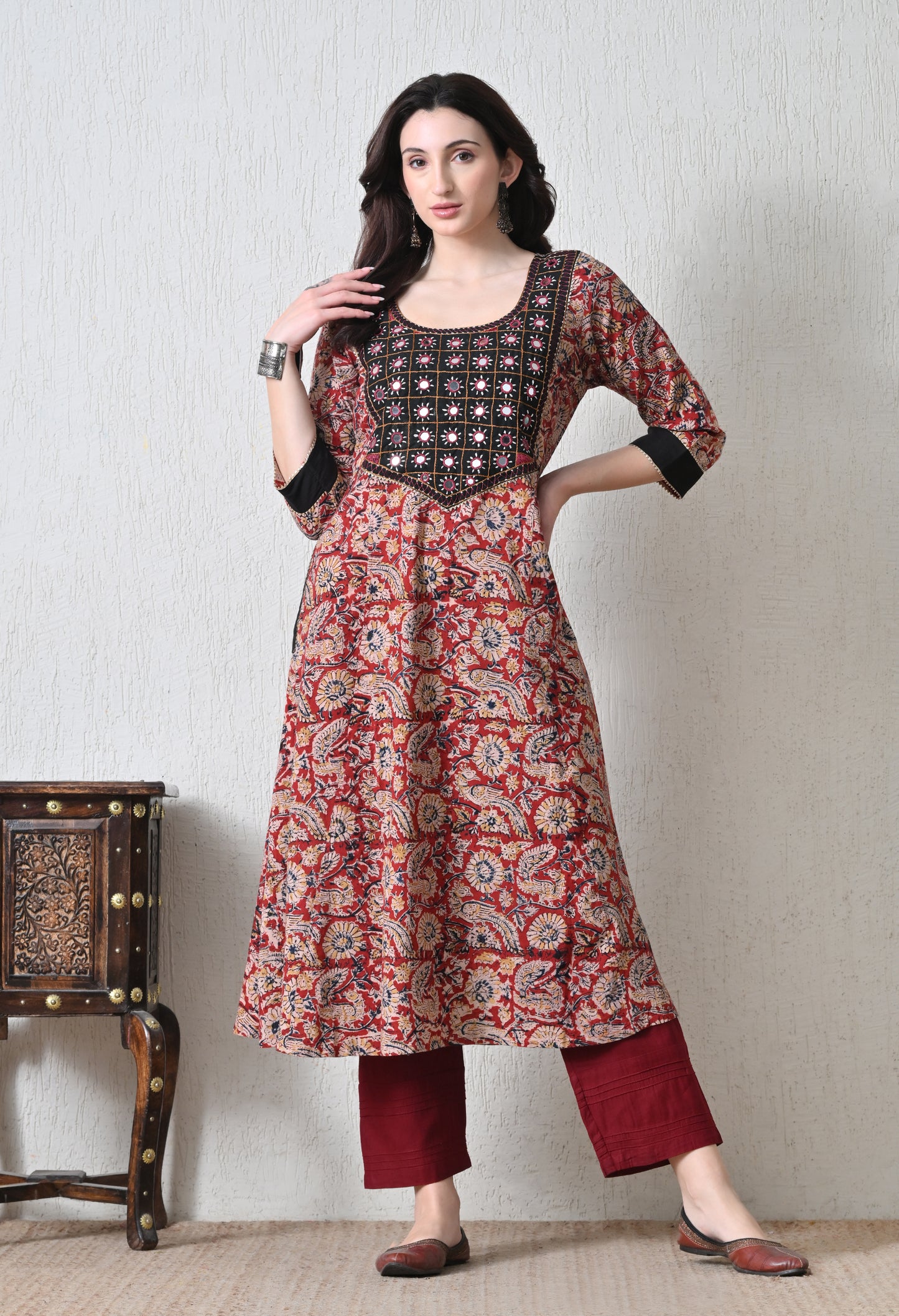 Maroon Kalamkari Handblock Cotton Kurta with Kutch Mirrorwork