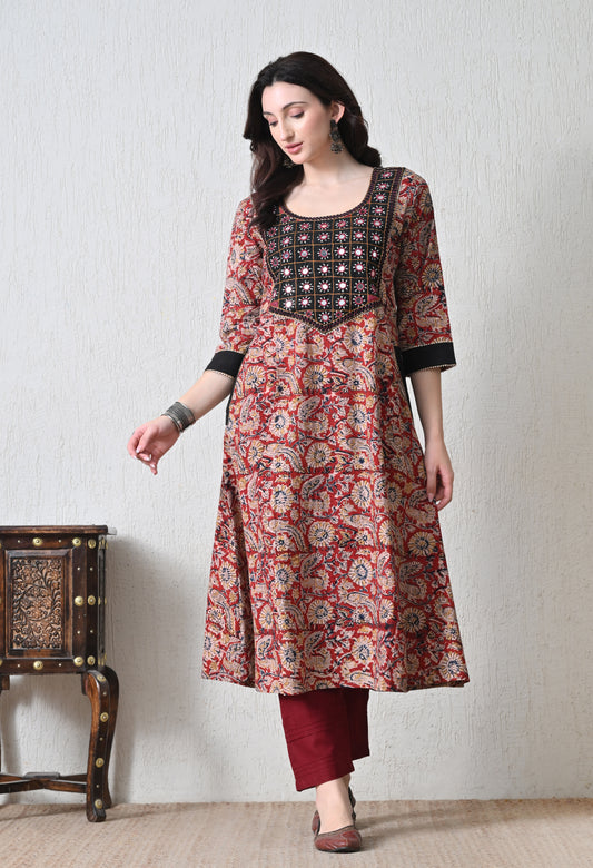 Maroon Kalamkari Handblock Cotton Kurta with Kutch Mirrorwork
