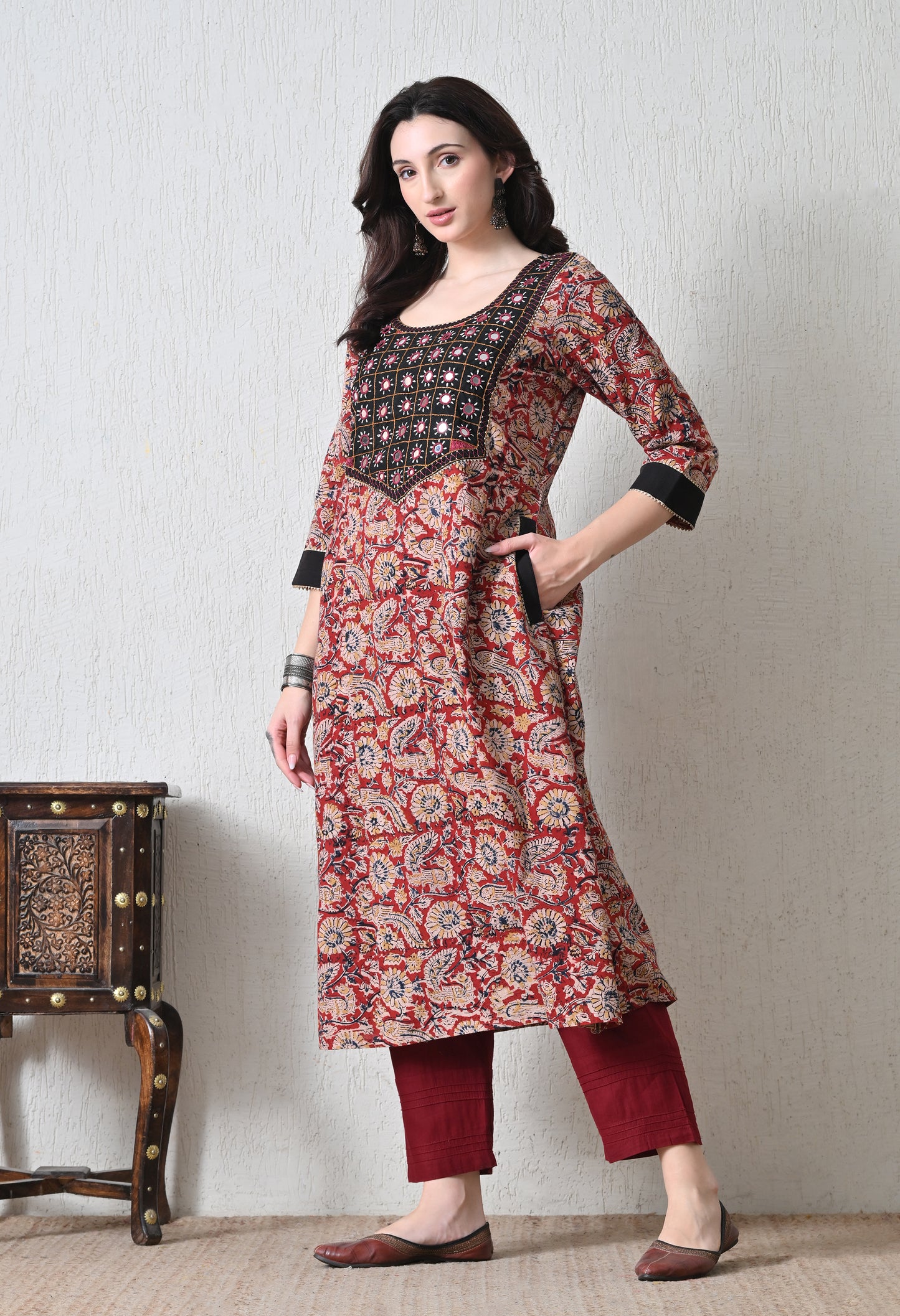 Maroon Kalamkari Handblock Cotton Kurta with Kutch Mirrorwork