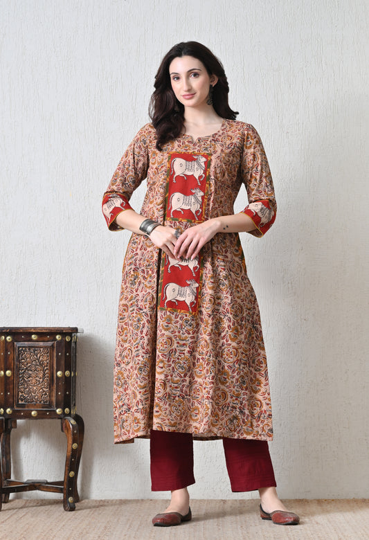 Beige and Maroon Kalamkari Handblock Cotton Kurta