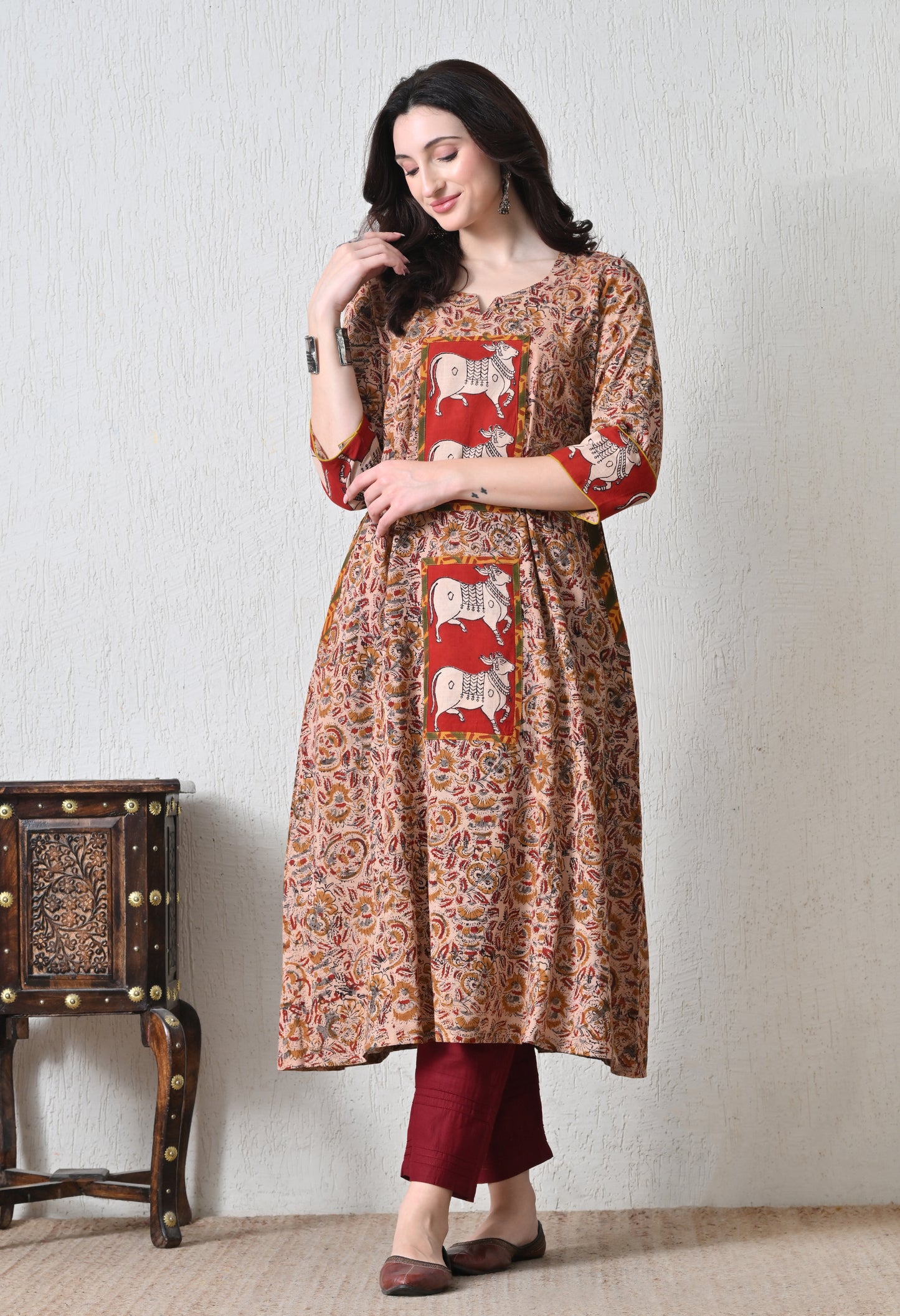 Beige and Maroon Kalamkari Handblock Cotton Kurta
