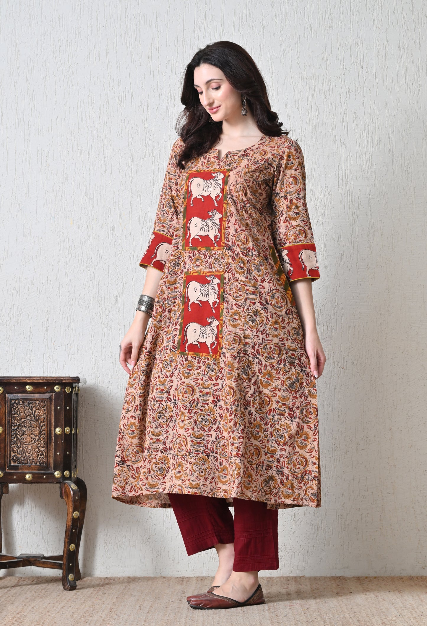 Beige and Maroon Kalamkari Handblock Cotton Kurta