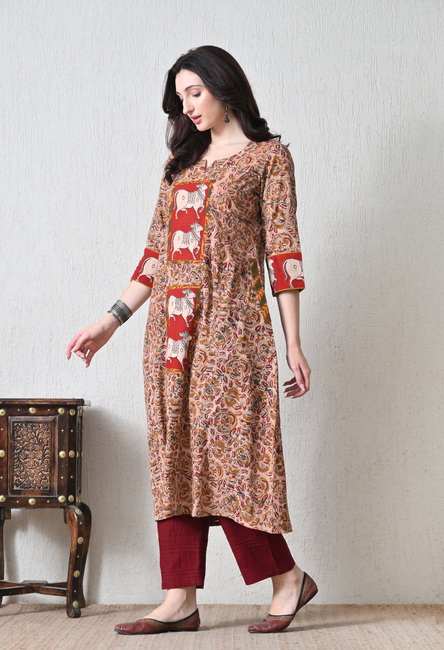 Beige and Maroon Kalamkari Handblock Cotton Kurta