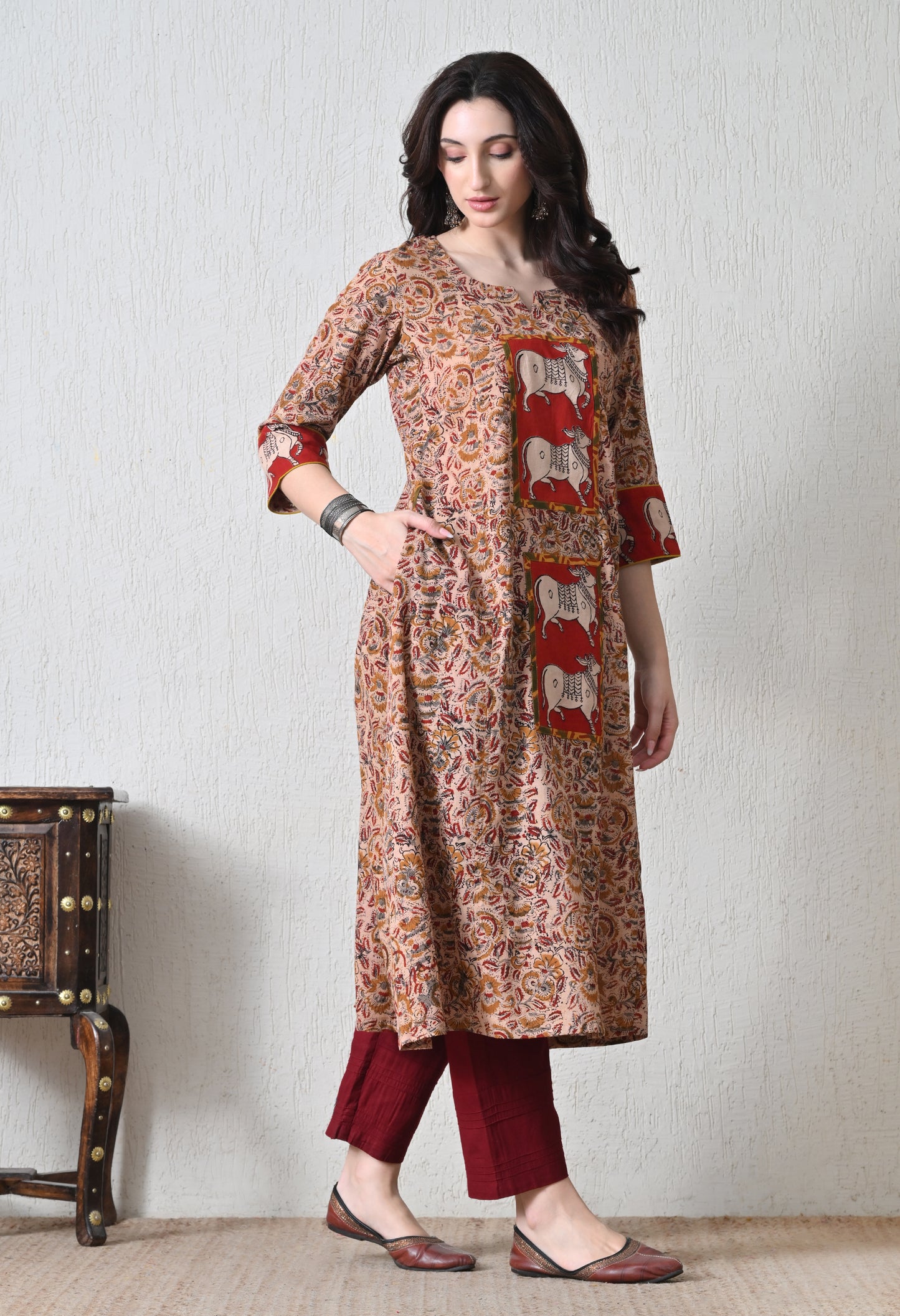 Beige and Maroon Kalamkari Handblock Cotton Kurta