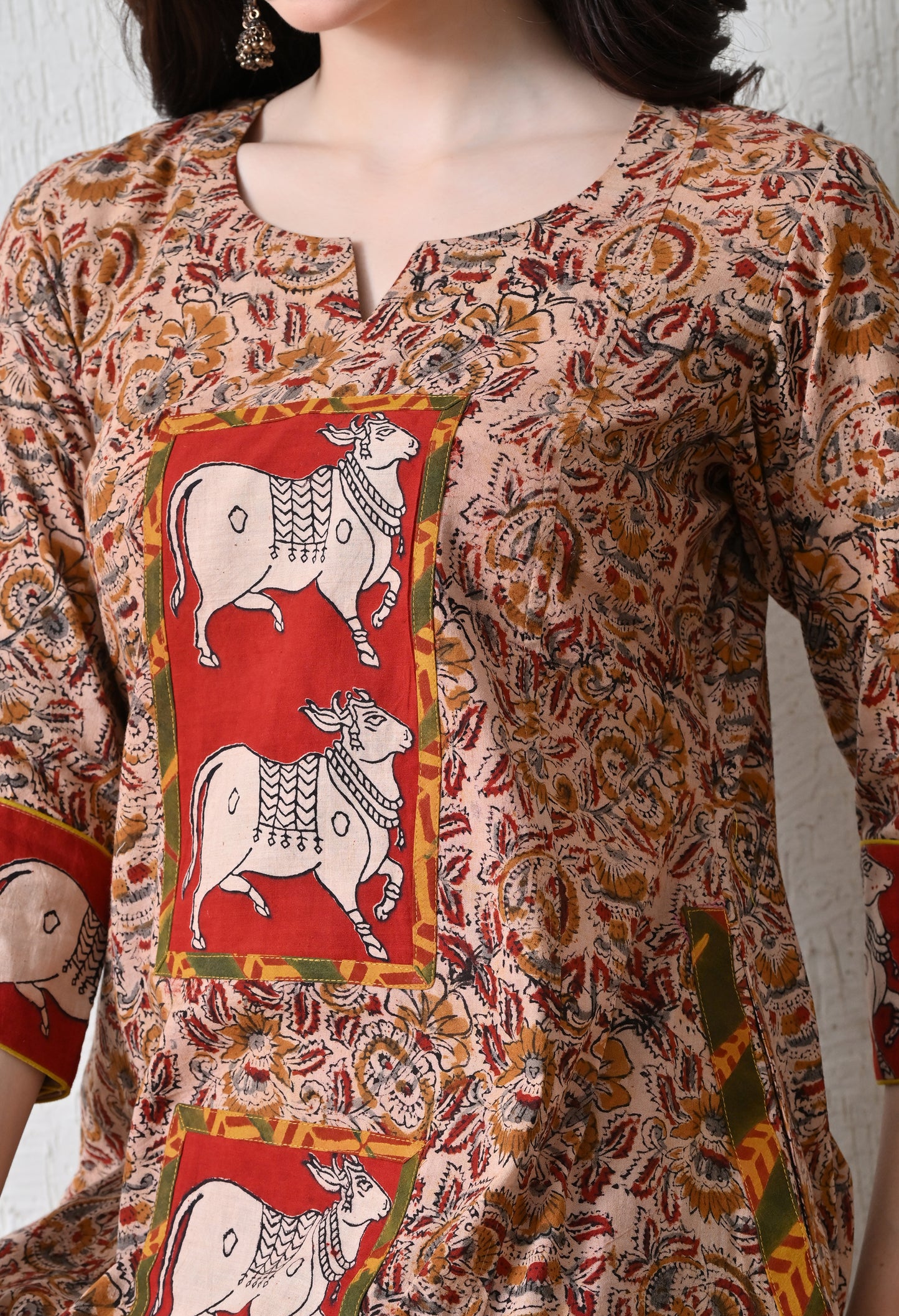 Beige and Maroon Kalamkari Handblock Cotton Kurta
