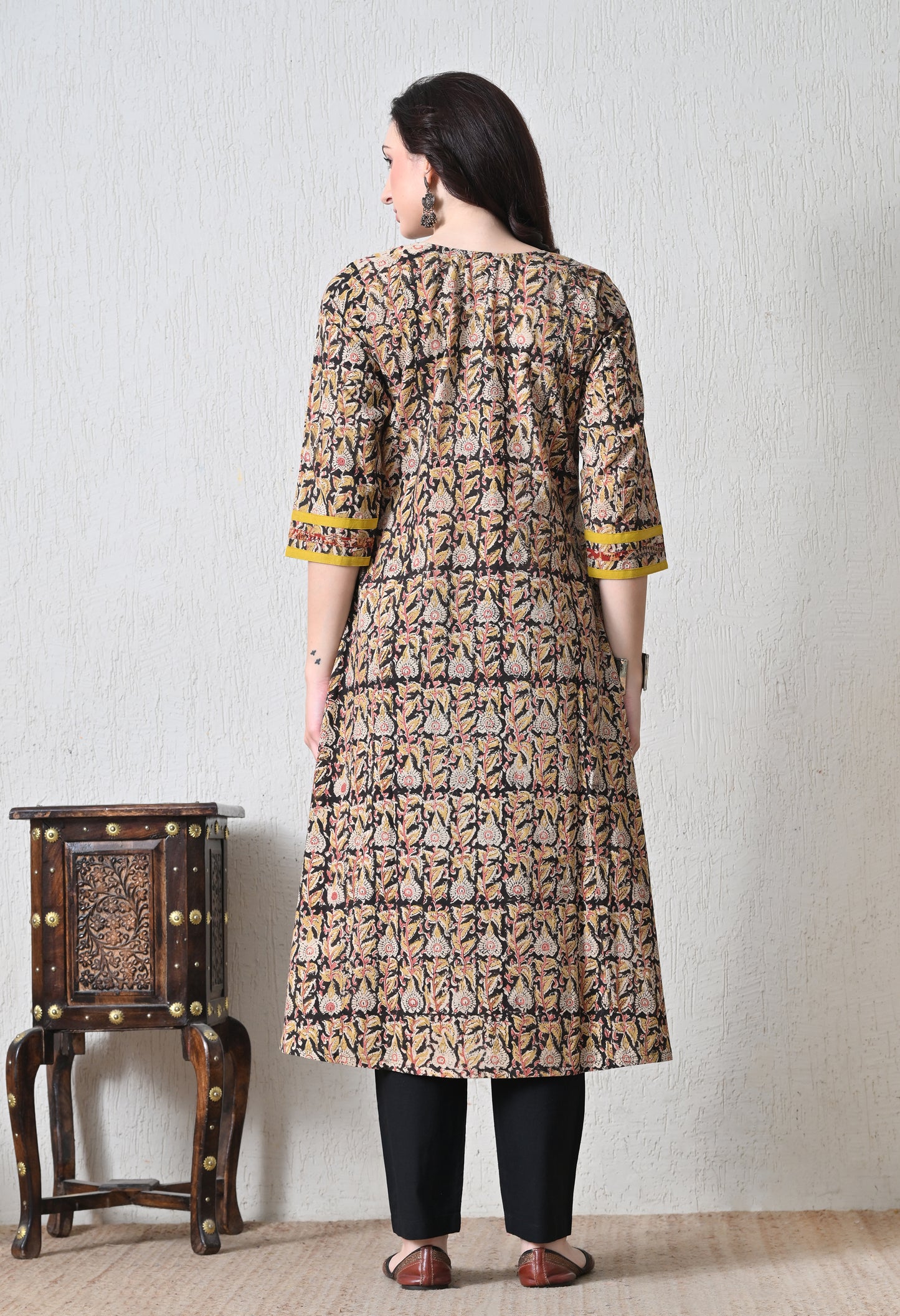 Black and Yellow Kalamkari Hand block Cotton Kurta