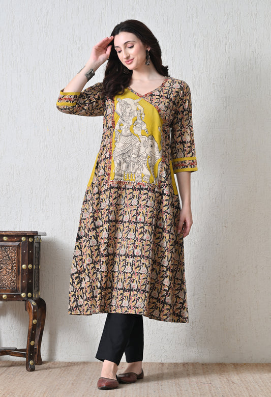 Black and Yellow Kalamkari Hand block Cotton Kurta