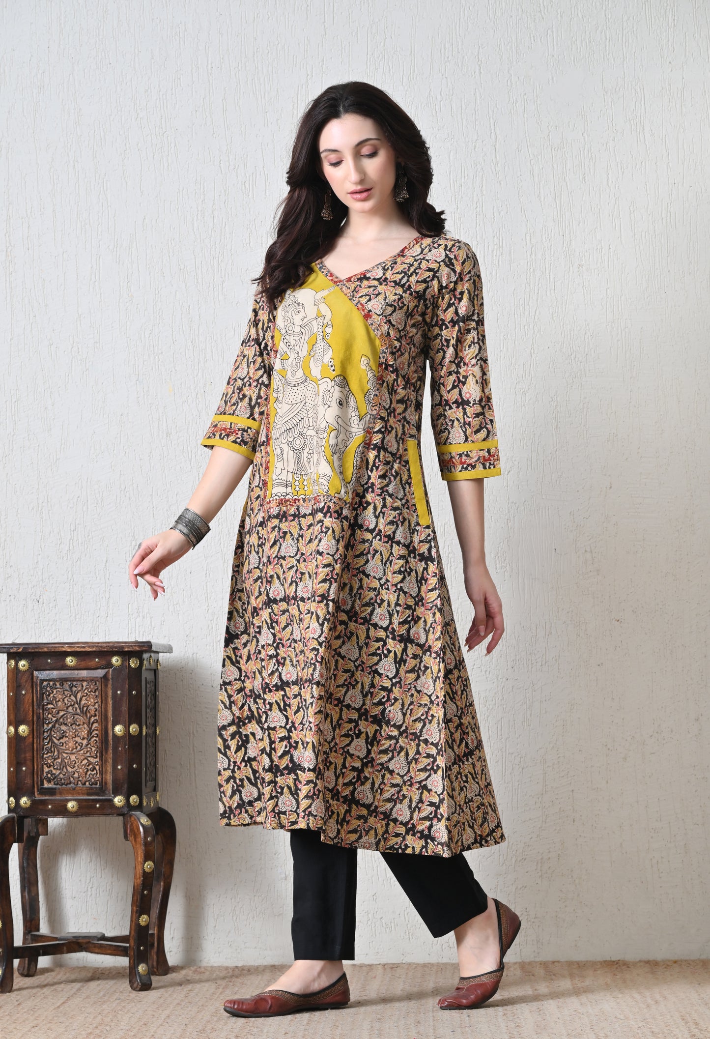 Black and Yellow Kalamkari Hand block Cotton Kurta