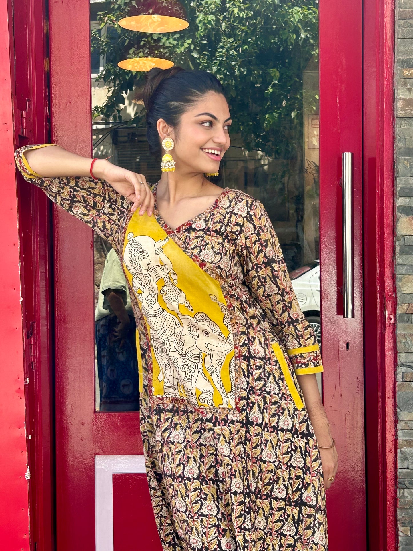 Black and Yellow Kalamkari Hand block Cotton Kurta