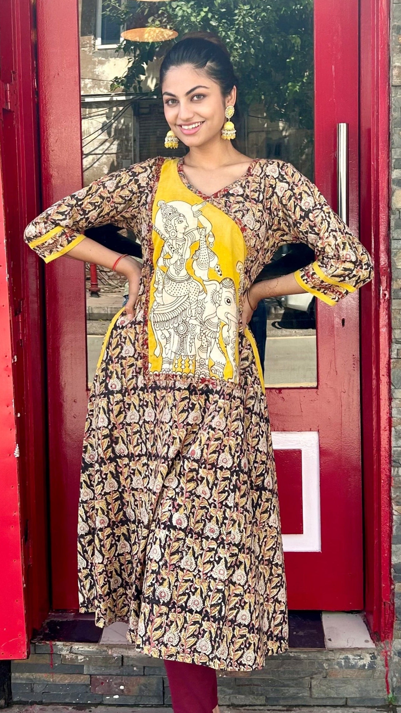 Black and Yellow Kalamkari Hand block Cotton Kurta