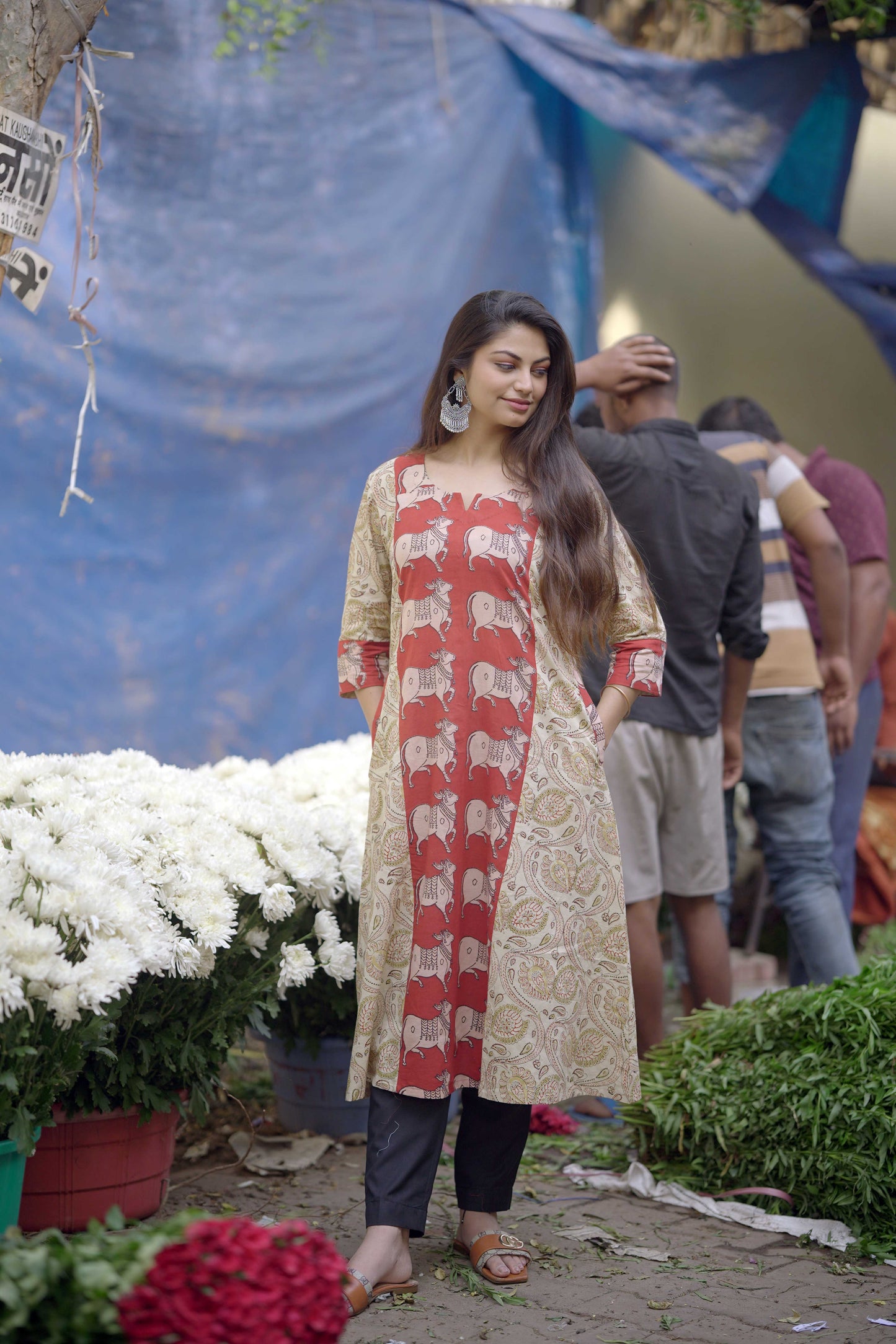 Red Kalamkari Handblocked Printed A line Cotton Kurta