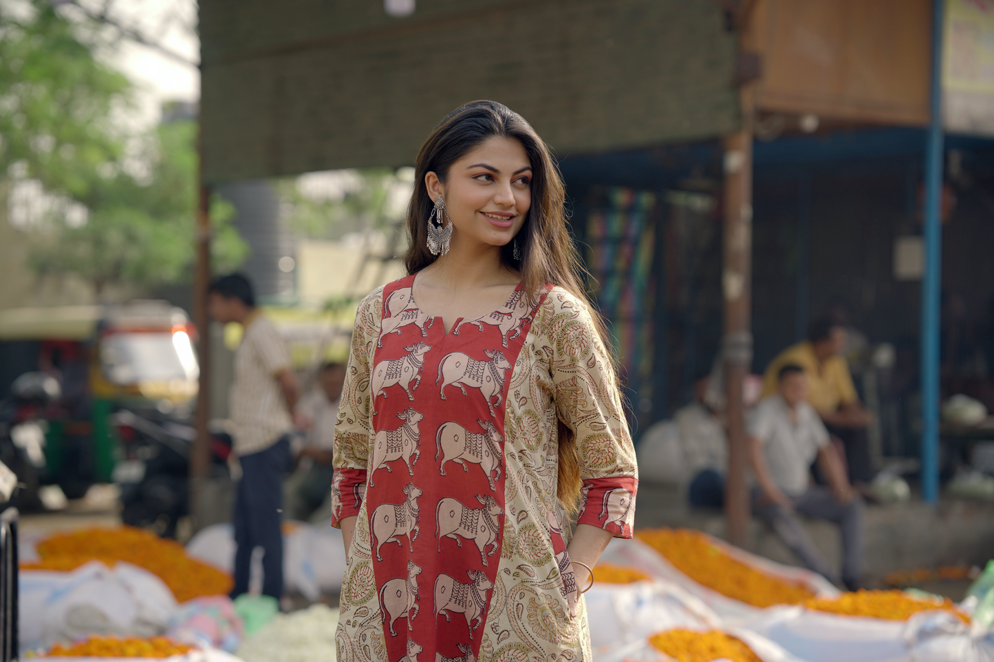 Red Kalamkari Handblocked Printed A line Cotton Kurta