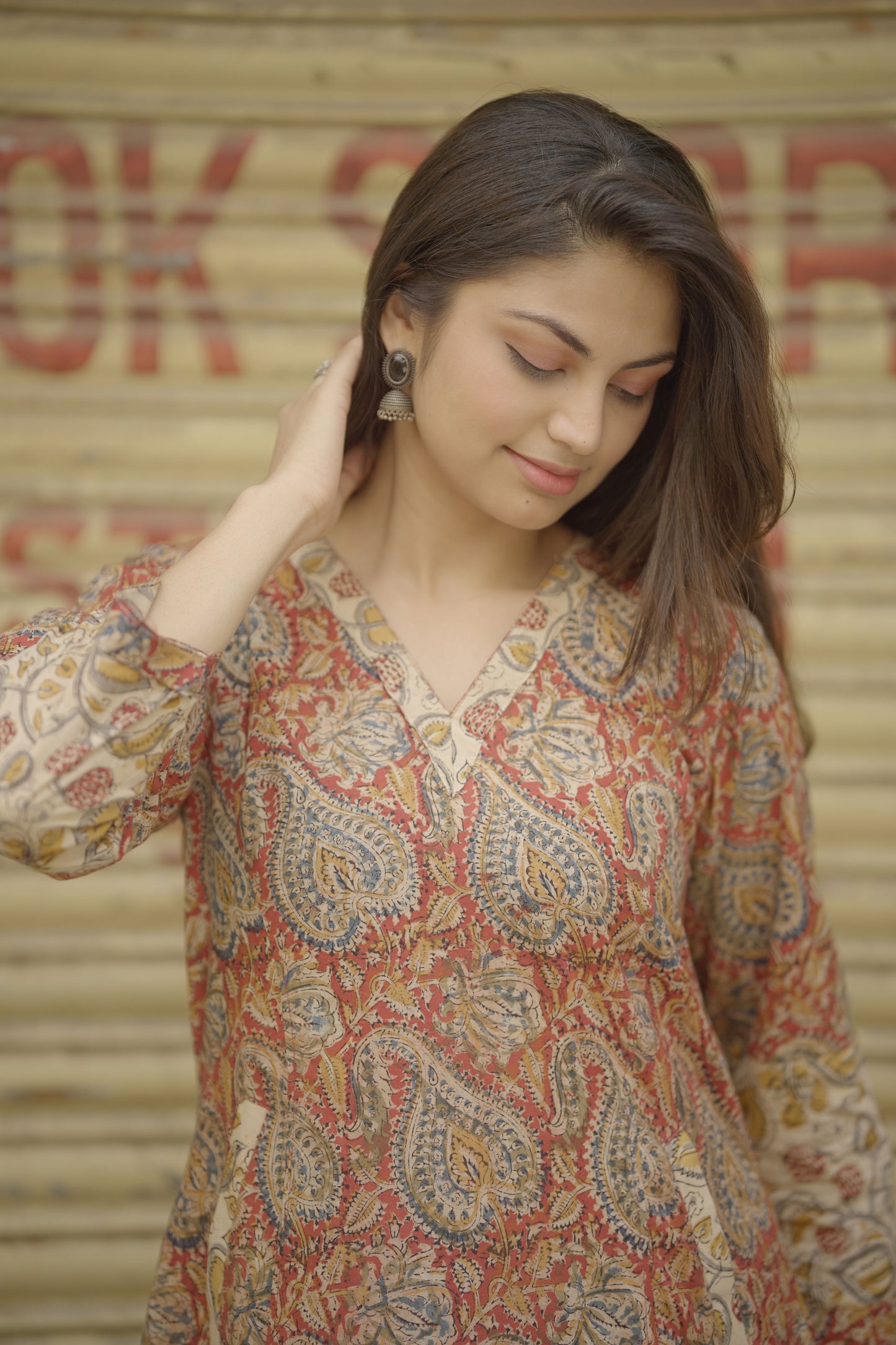 Red- Pedana Kalamkari Hand block Printed A line Cotton Kurta