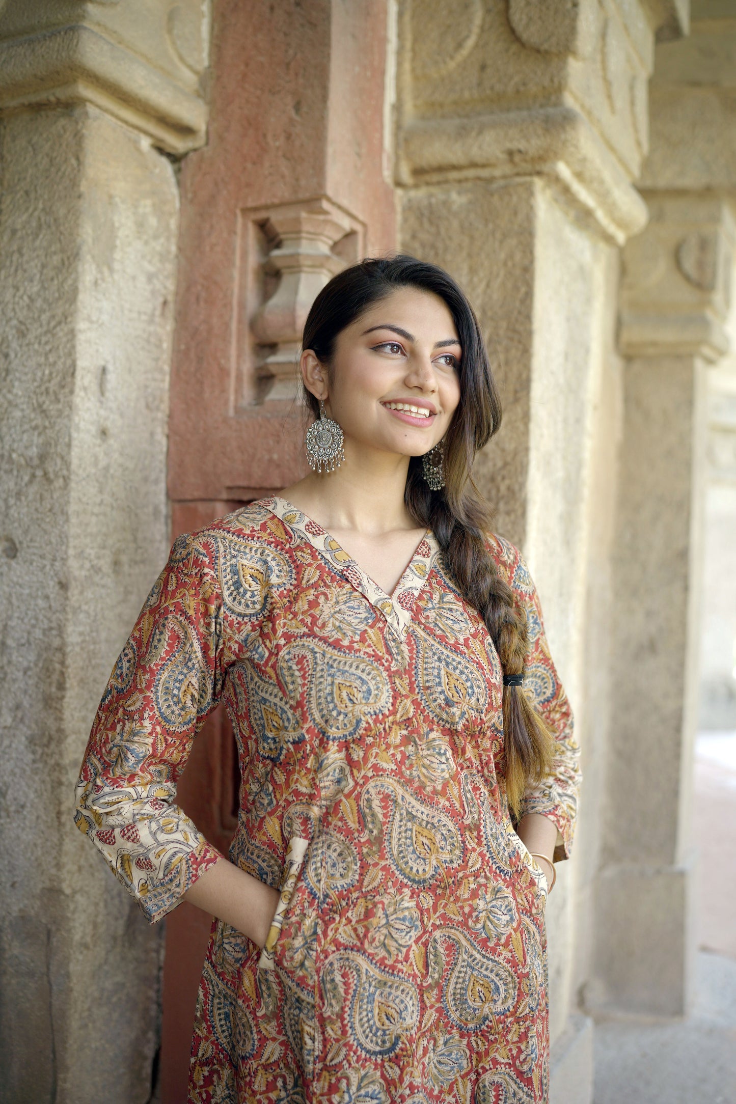 Red- Pedana Kalamkari Hand block Printed A line Cotton Kurta