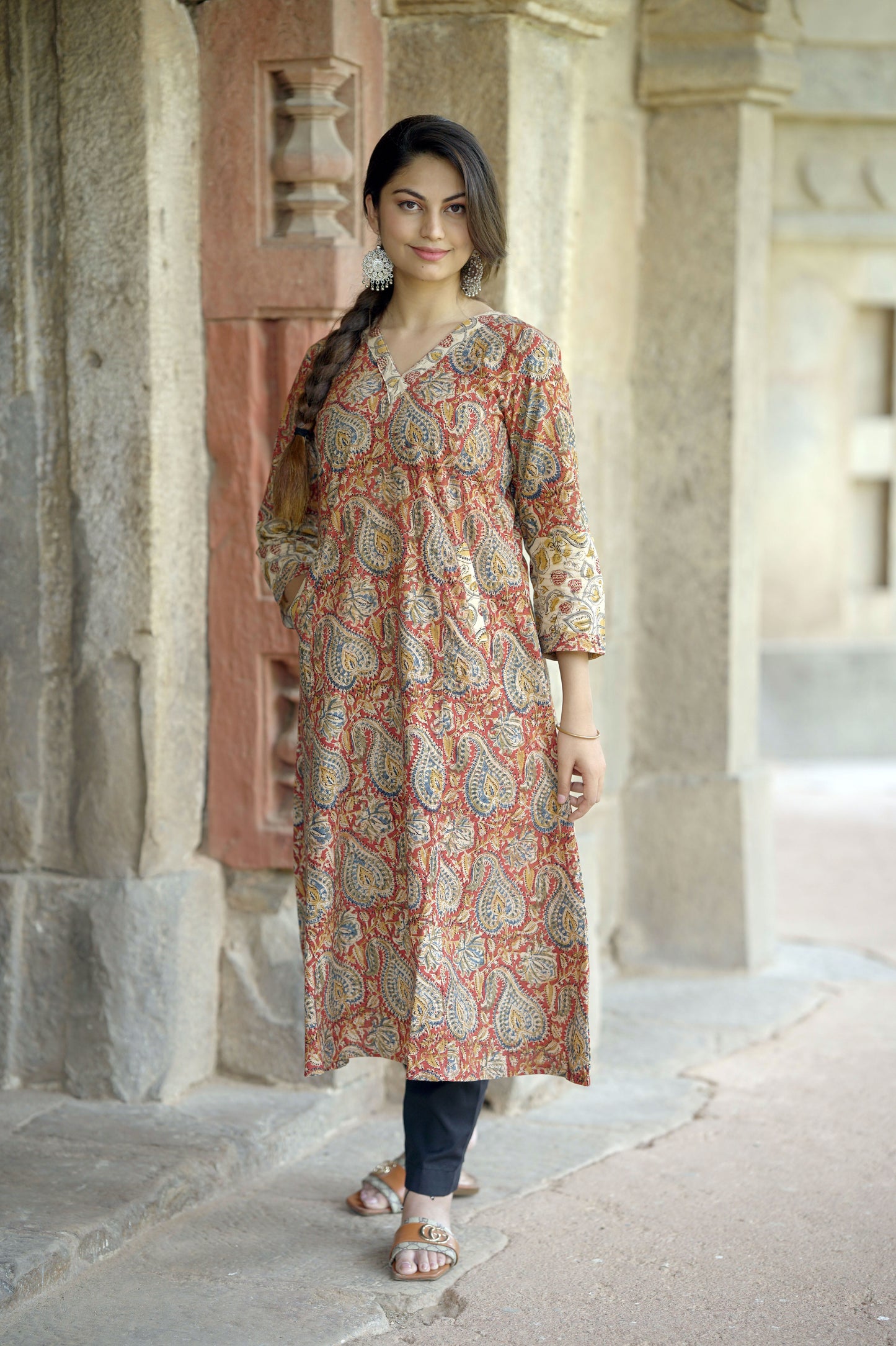Red- Pedana Kalamkari Hand block Printed A line Cotton Kurta