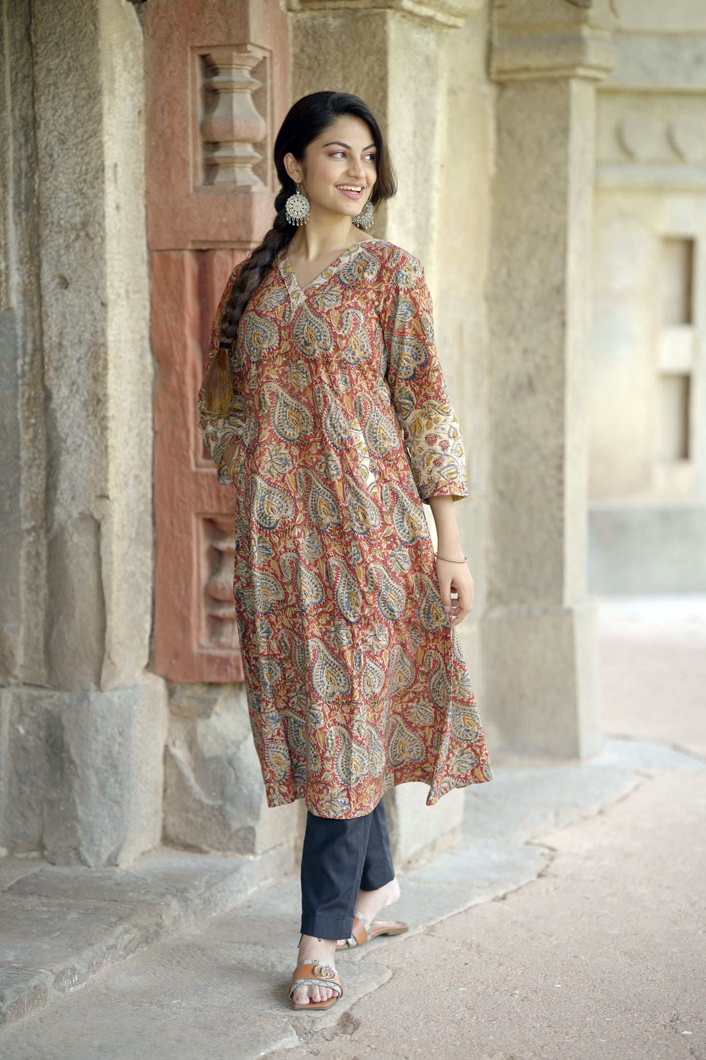 Red- Pedana Kalamkari Hand block Printed A line Cotton Kurta